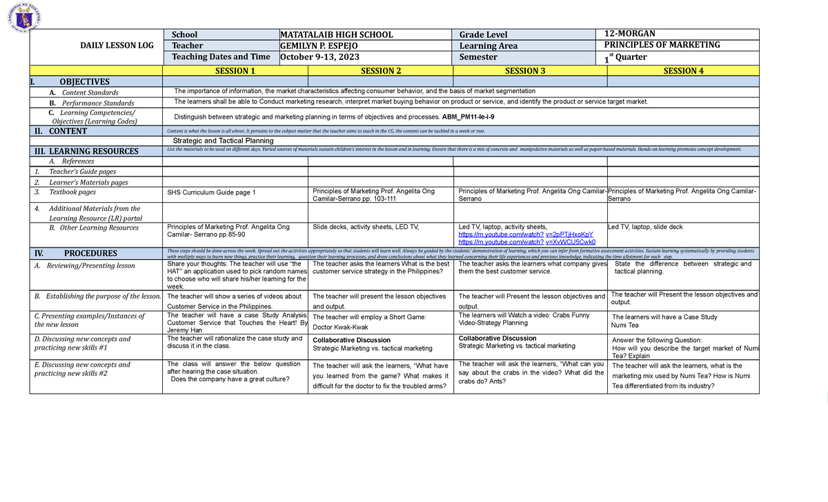 Pom week 6 - pom - DAILY LESSON LOG School MATATALAIB HIGH SCHOOL Grade ...