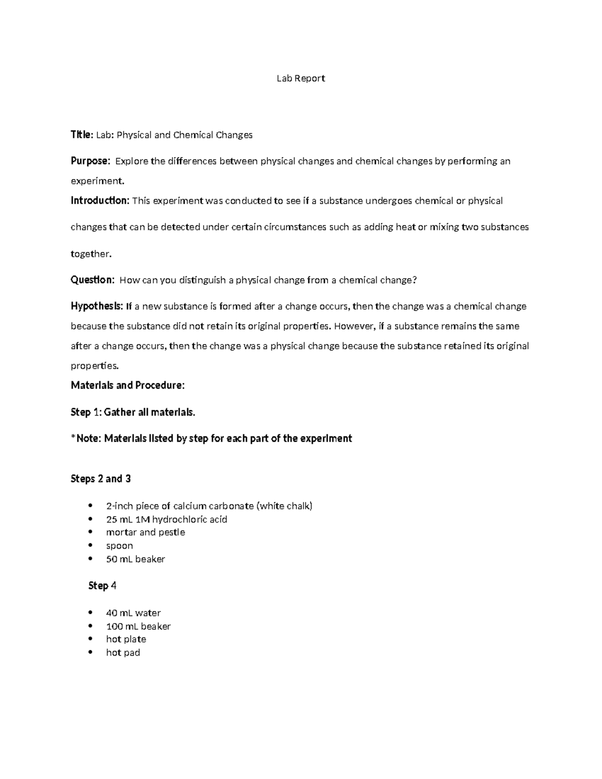Lab Physical and Chemical Changes lab report Lab Report Title Lab