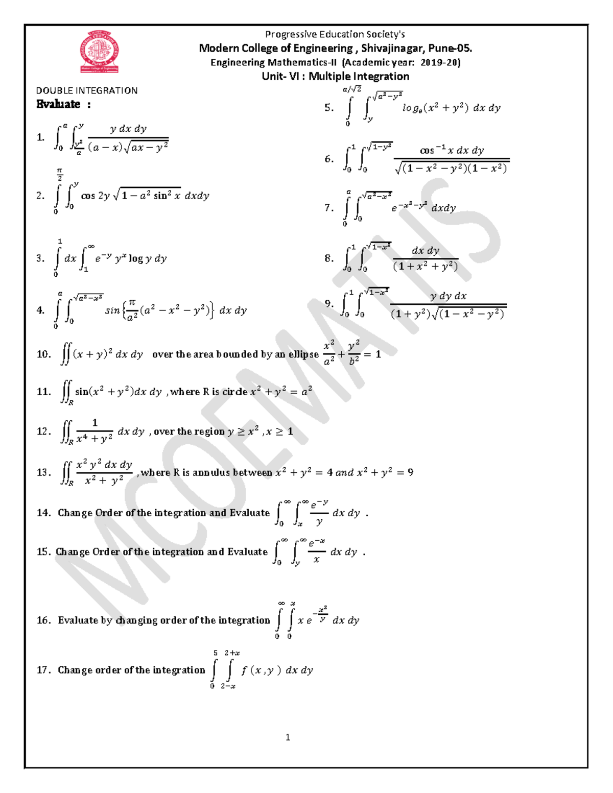 UNIT 6 Multiple Integral - Modern College of Engineering , Shivajinagar ...