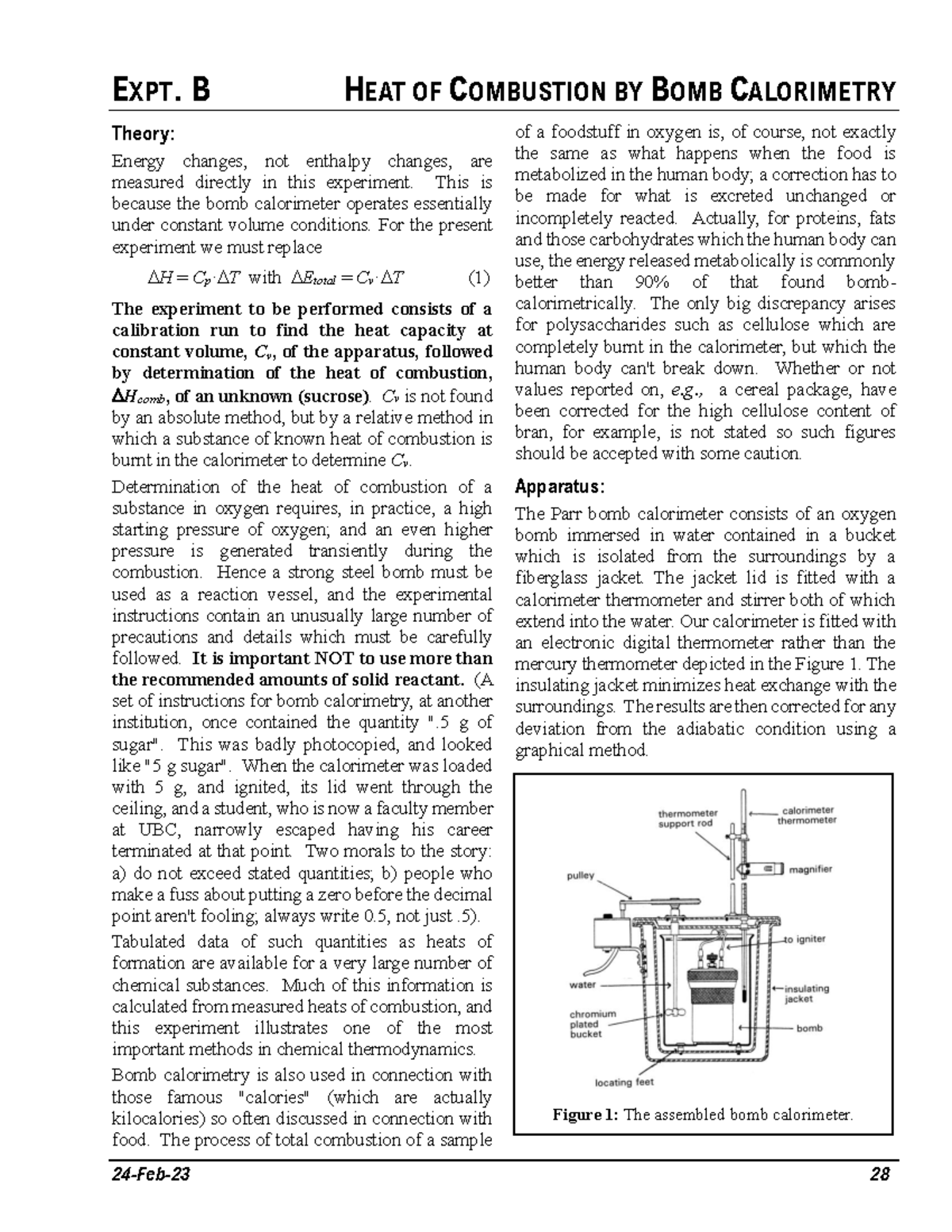 CHEM 201 Lab Manual 2023 v9 B EXPT. B HEAT OF COMBUSTION BY BOMB