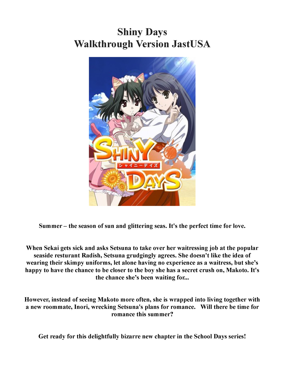 Shiny Days Walkthrough Jast USA - Shiny Days Walkthrough Version JastUSA  Summer – the season of sun - Studocu