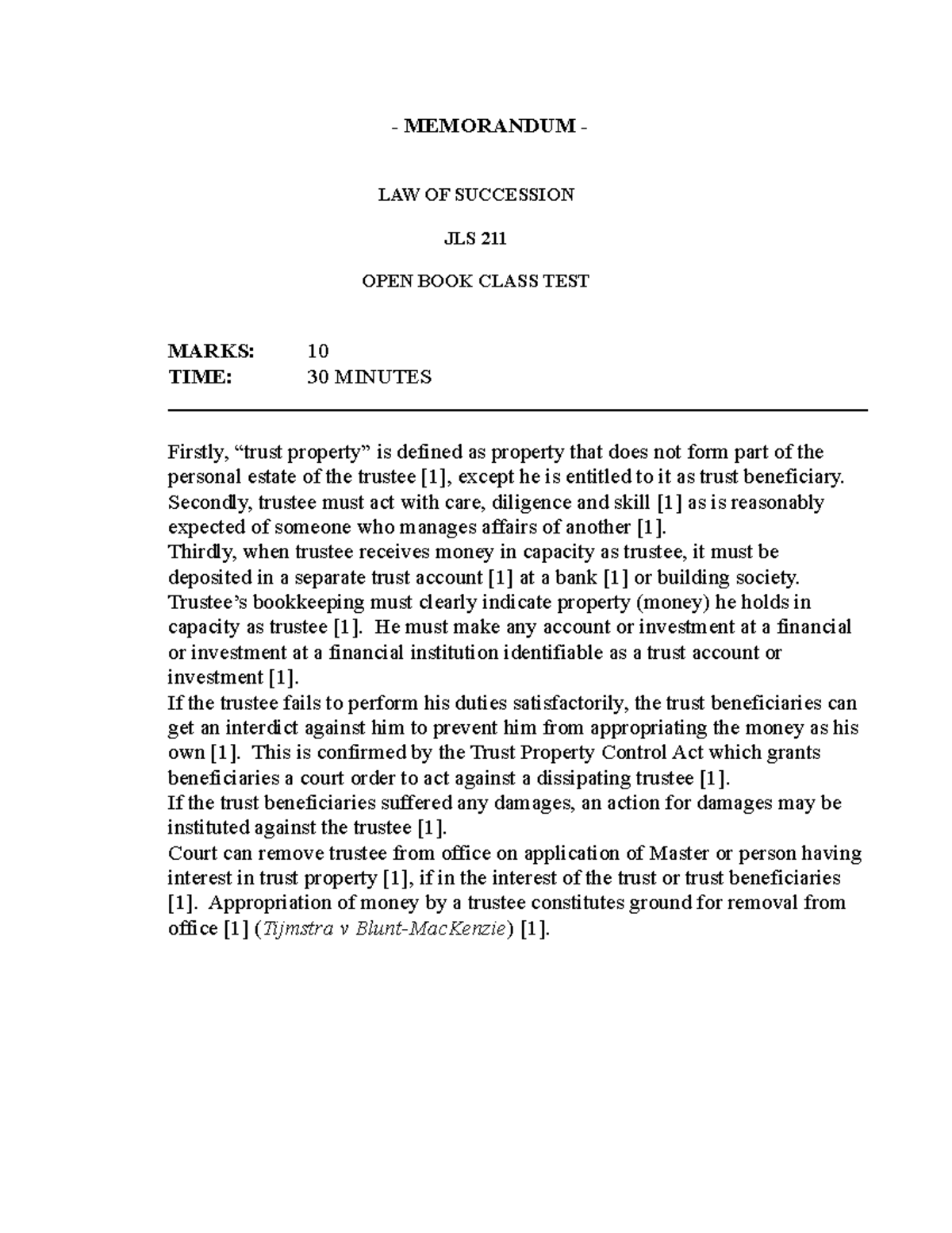 JLS211 Open Book Memo MEMORANDUM LAW OF SUCCESSION JLS 211 OPEN