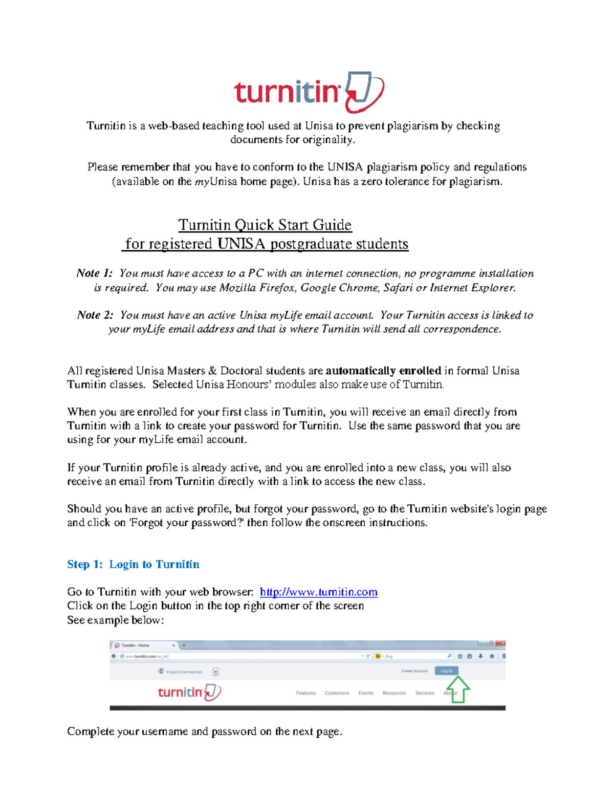 Turnitin Quick Start Guide Turnitin Is A Web Based Teaching Tool Used At Unisa To Prevent