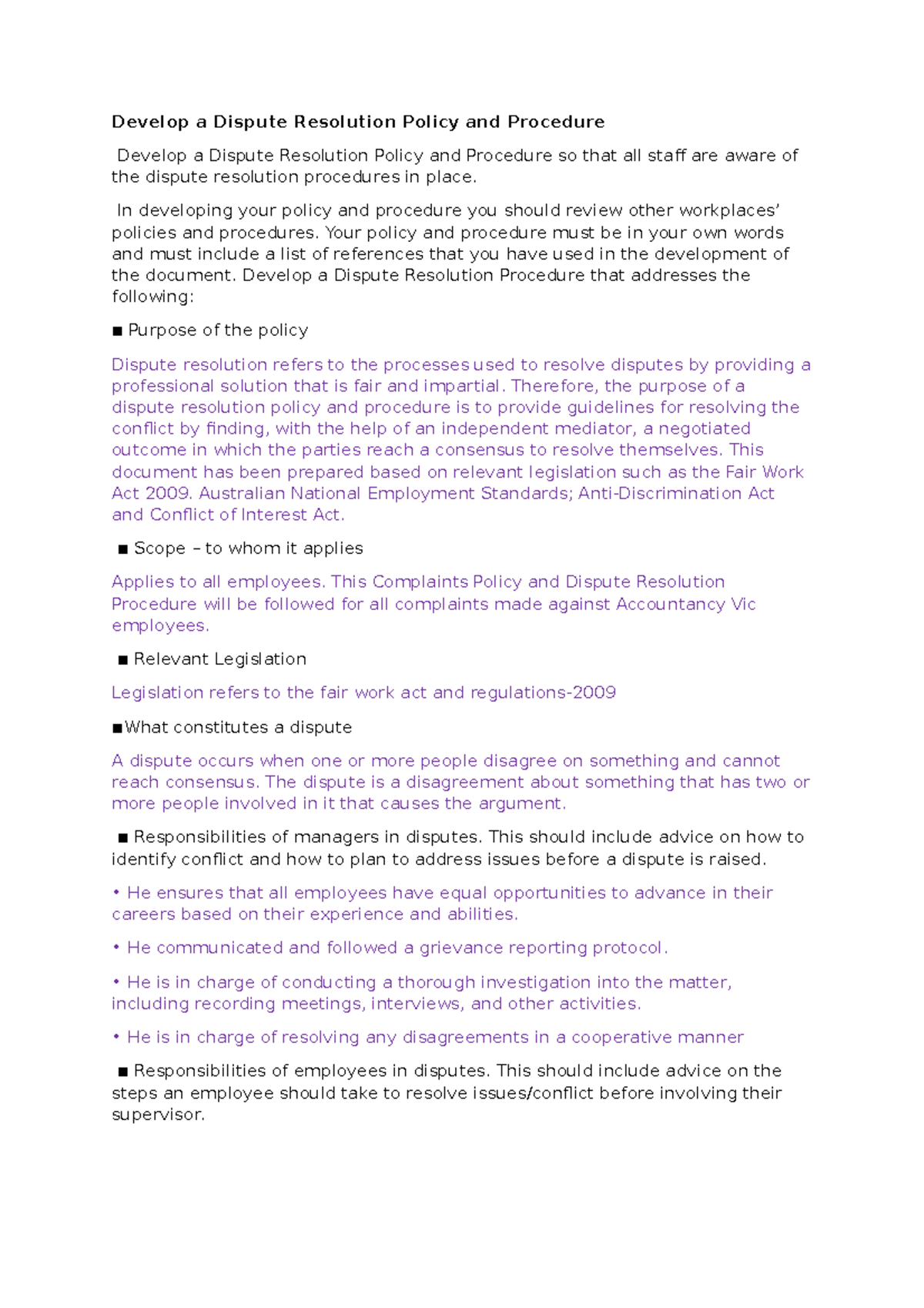 Develop A Dispute Resolution Policy And Procedure Task2 Develop A Dispute Resolution Policy 5759