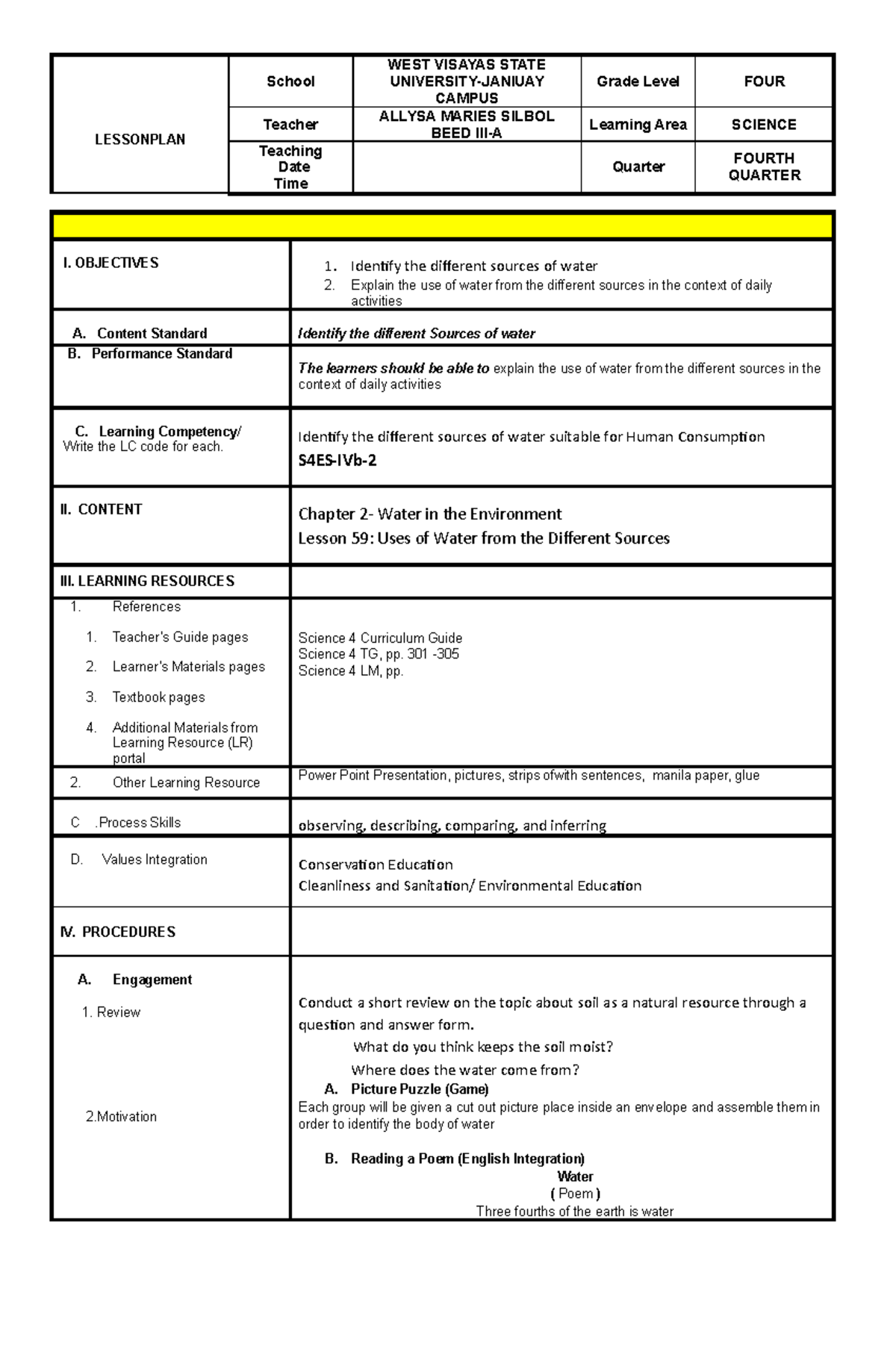 Lesson Plan In Science 4th Quarter - Lessonplan School West Visayas 