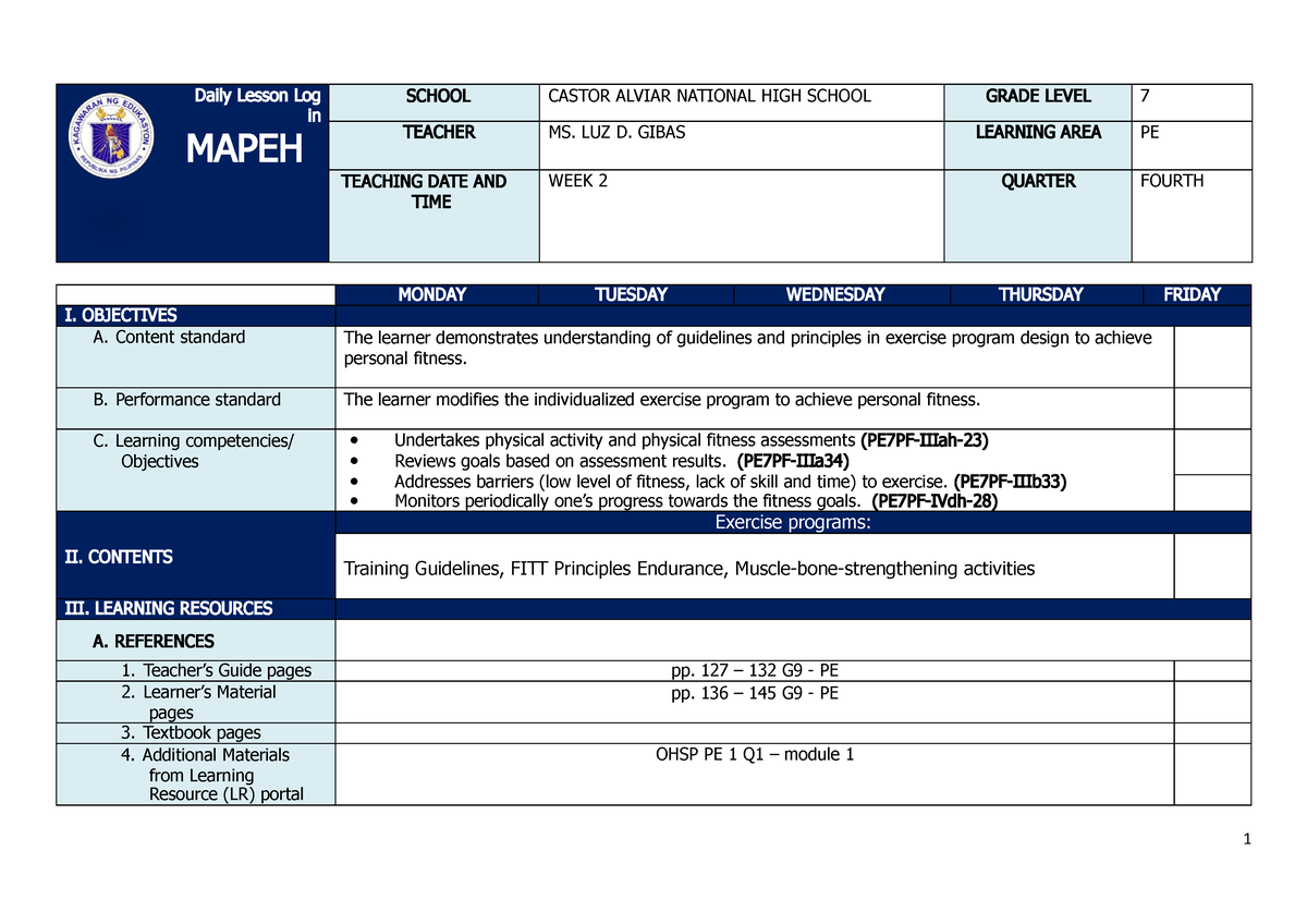 Dll Pe 7 Q4 Week 2 Daily Lesson Plan Daily Lesson Log In Mapeh