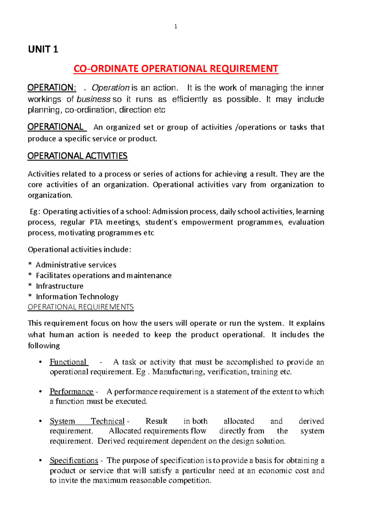 Second year ofe english notes - UNIT 1 CO-ORDINATE OPERATIONAL ...