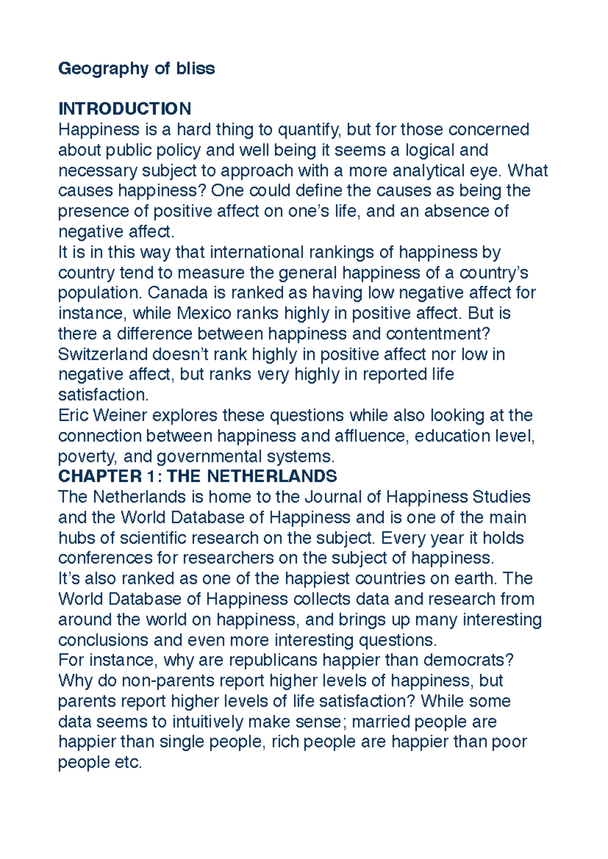 Geography of bliss - Lecture notes - Geography of bliss INTRODUCTION ...