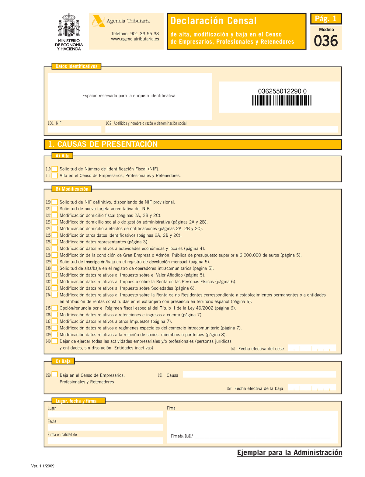 Modelo-036declaracion censal de alta y baja en el censo de empresarios -  Agencia Tributaria - Studocu