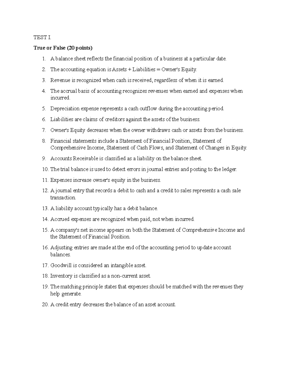 Practice-Exam - pracctice - TEST I. True or False (20 points) 1. A ...