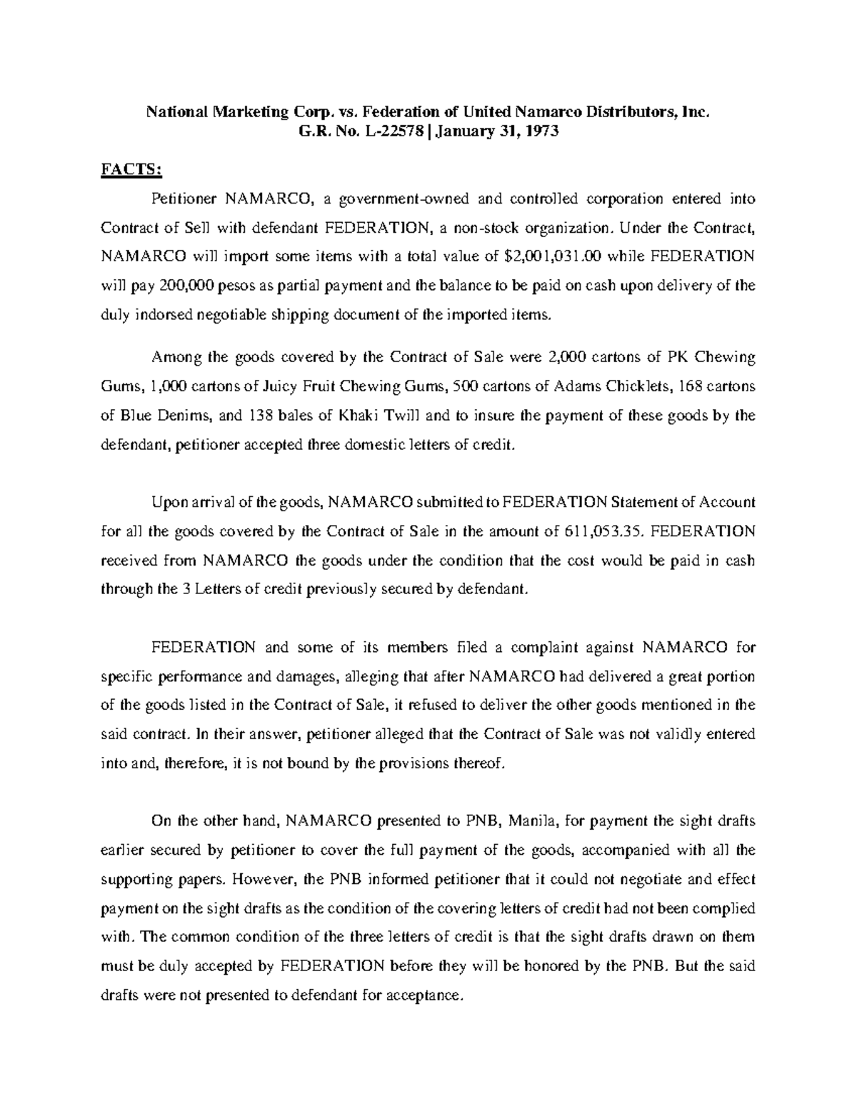 Namarco vs Federation National Marketing Corp. vs. Federation of United Namarco Distributors