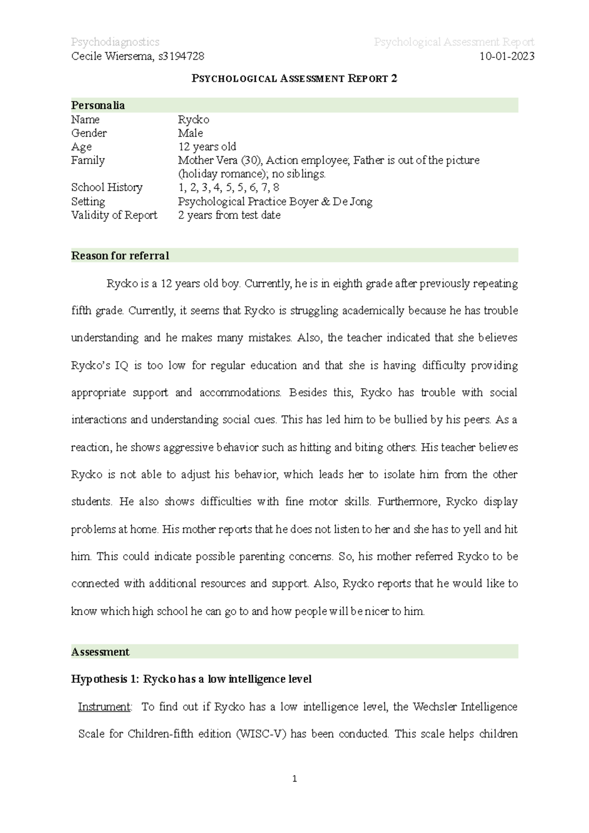 Psychological Rapport 2 IBP - Psychodiagnostics Cecile Wiersema ...