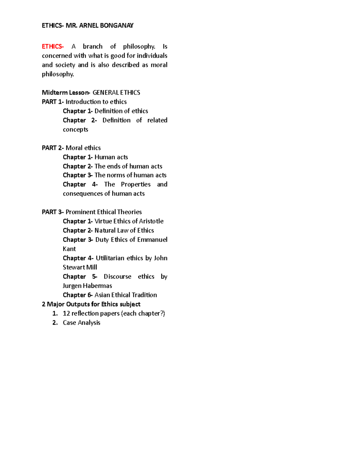 Introduction to Ethics 101 - ETHICS- MR. ARNEL BONGANAY ETHICS- A ...
