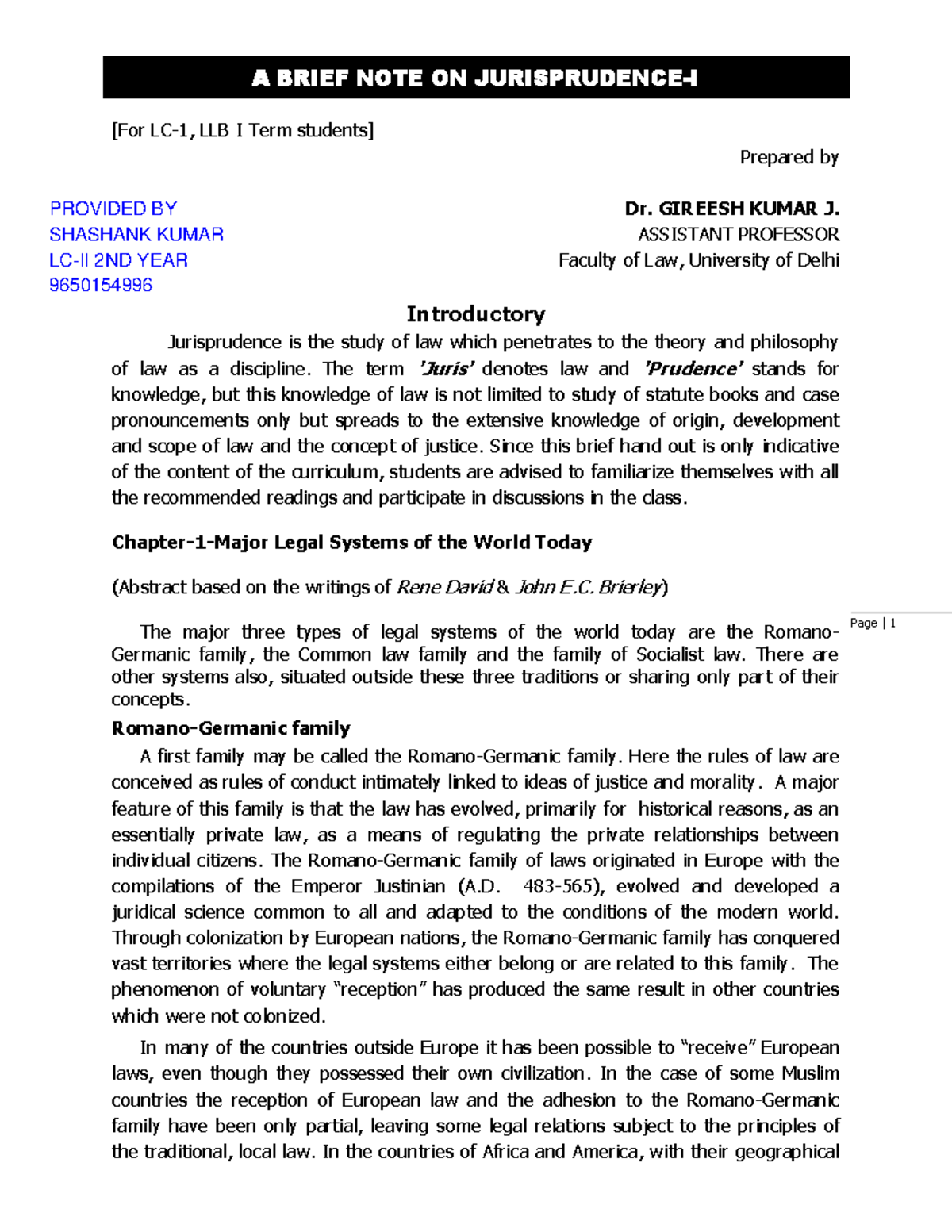 Jurisprudence-I -LLB Ist Term- Brief Notes -8 - Page | 1 [For LC-1, LLB ...