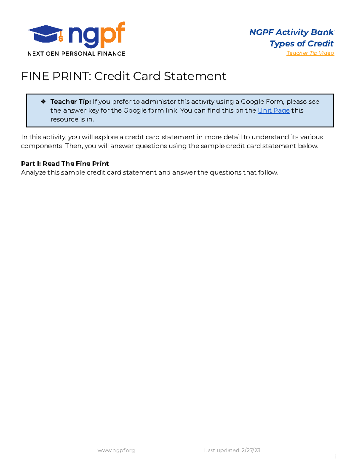 Copy Of FINE Print Credit Card Statement - NGPF Activity Bank Types Of ...