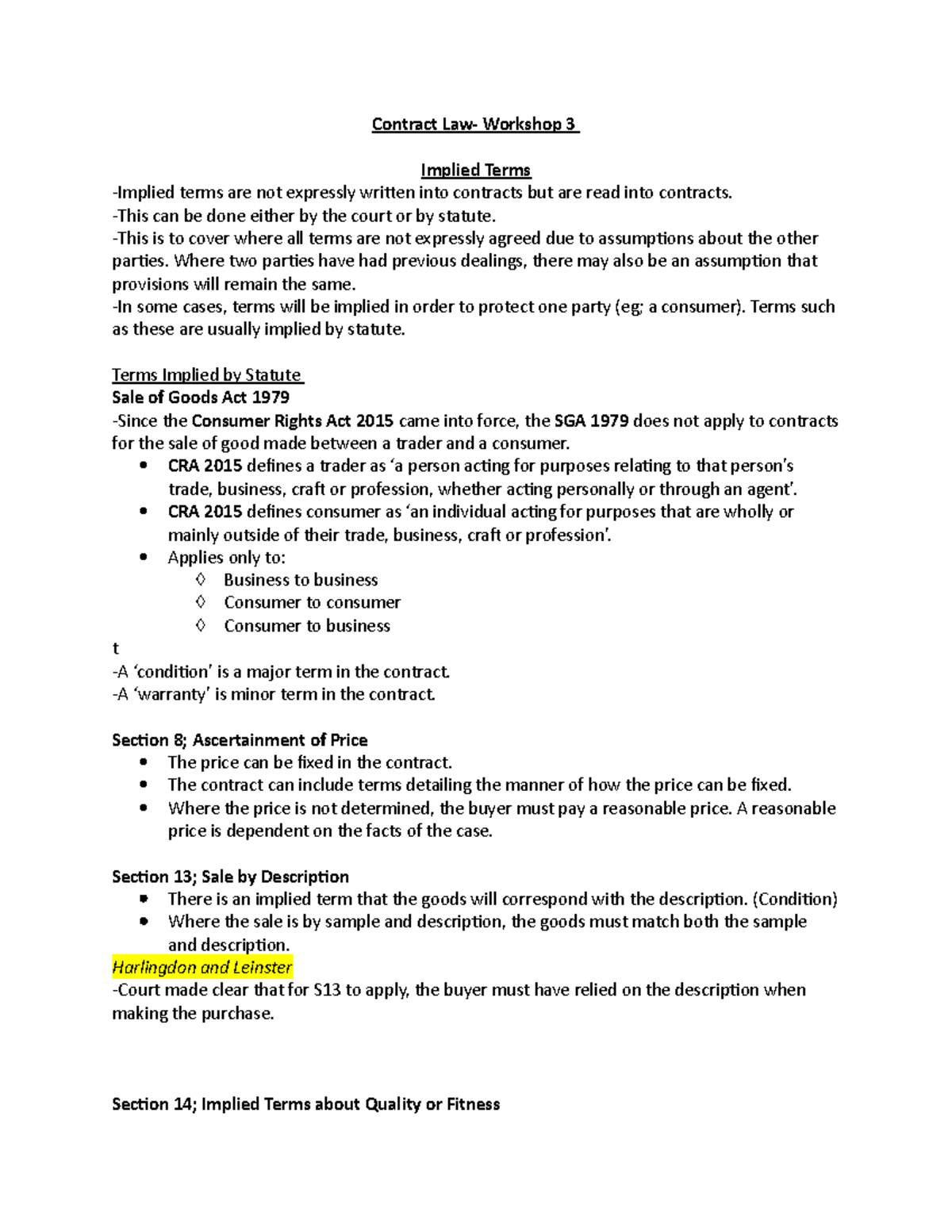 Contract Law- Workshop 3 Preparation - Contract Law- Workshop 3 Implied ...