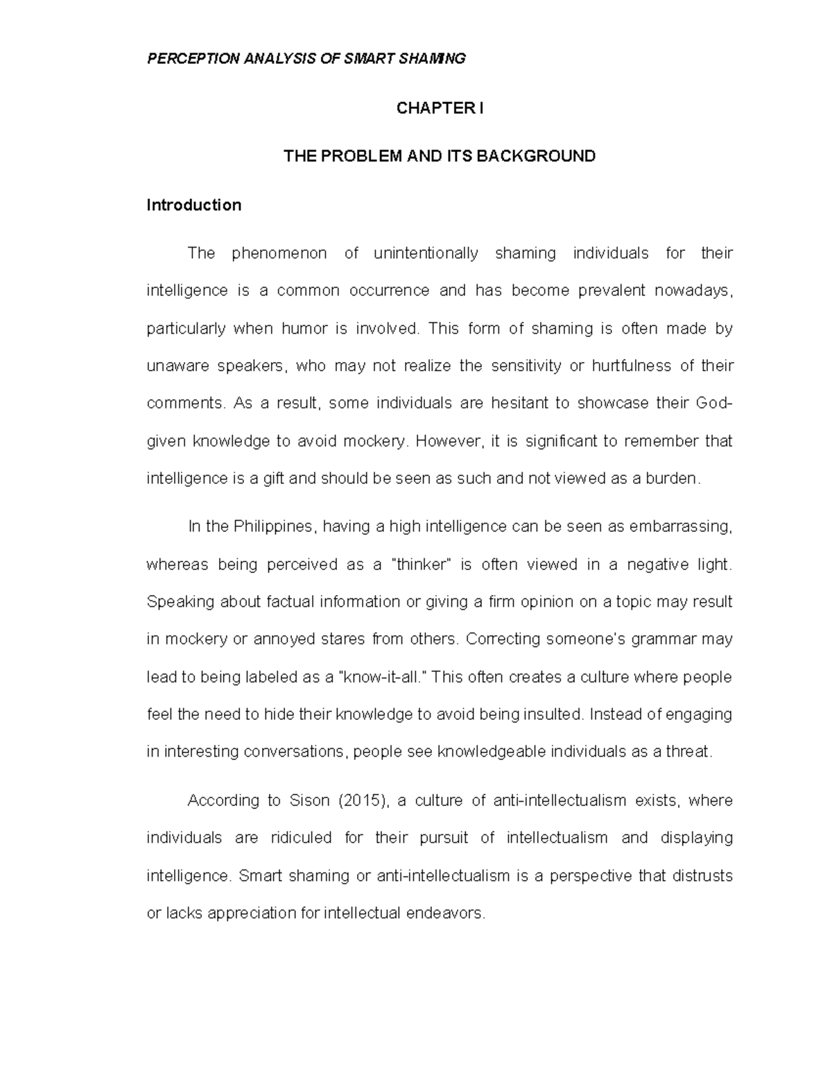 Perceived Analysis of Smart Shaming - CHAPTER I THE PROBLEM AND ITS ...