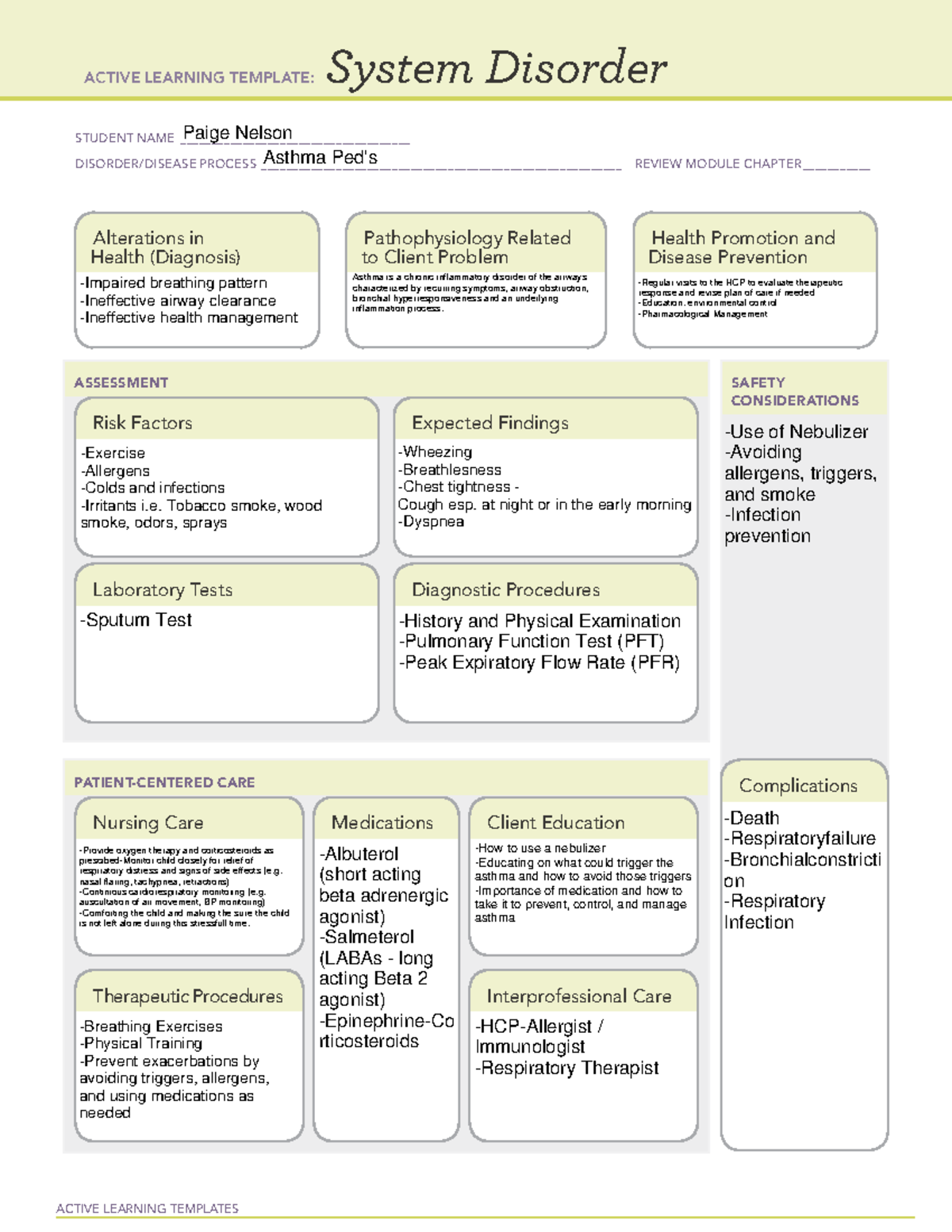 Asthma Peds - ATI Templet - ACTIVE LEARNING TEMPLATES System Disorder ...