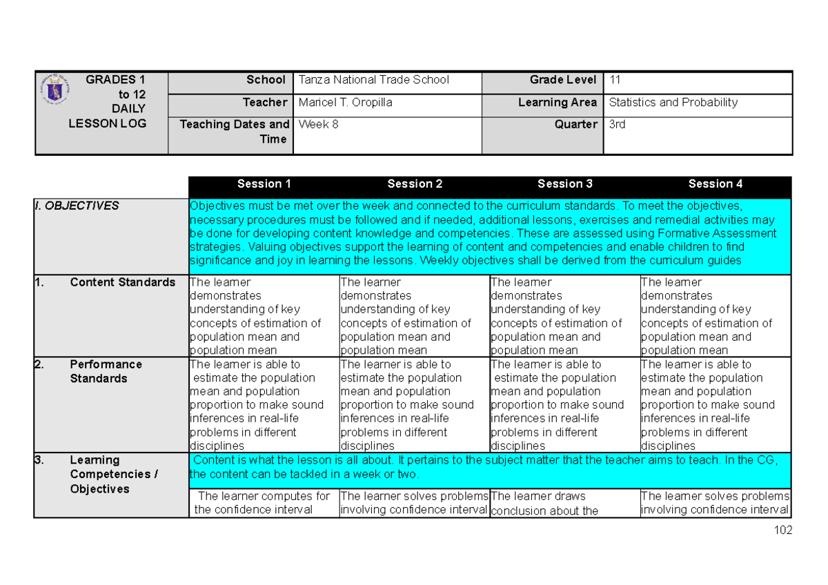 Lesson Plan in Statistics WEEK 8 - GRADES 1 to 12 DAILY LESSON LOG ...
