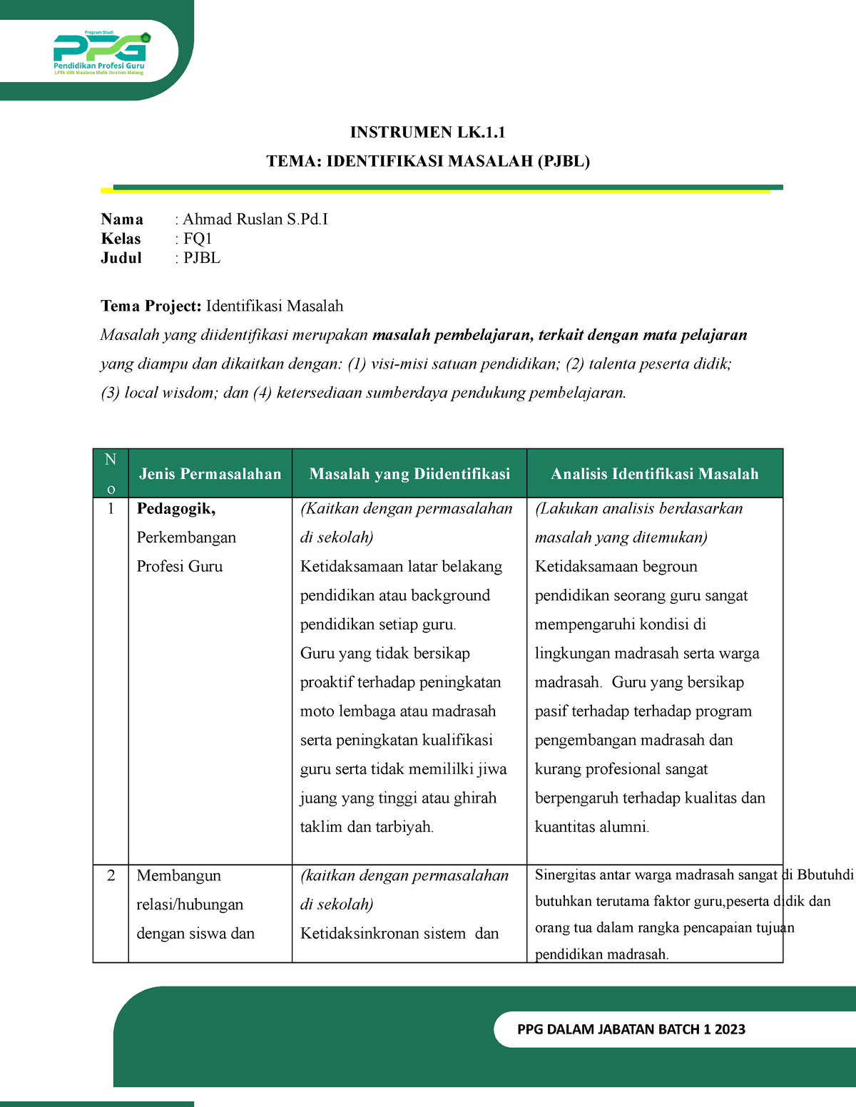 Instrumen LK 1.1 - Identifikasi Masalah [ Modul Pedagogi 1 - Pj BL ...