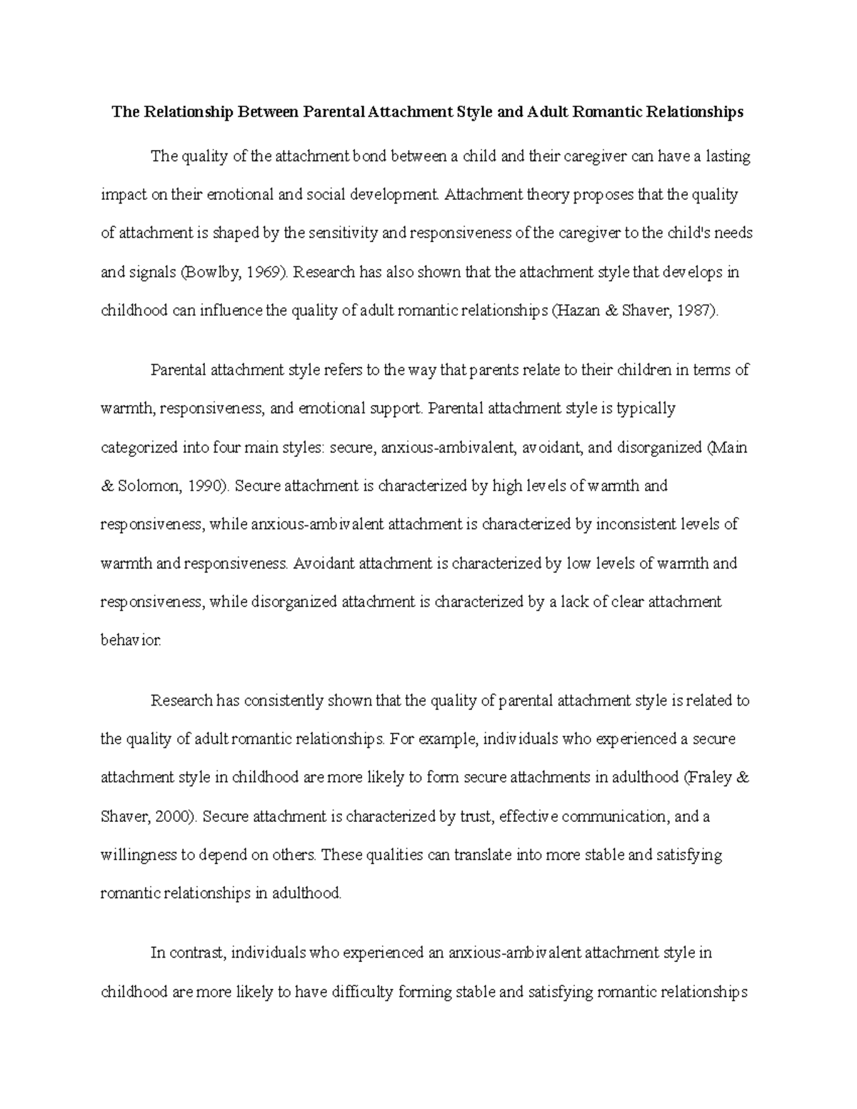 The Relationship Between Parental Attachment Style and Adult Romantic ...