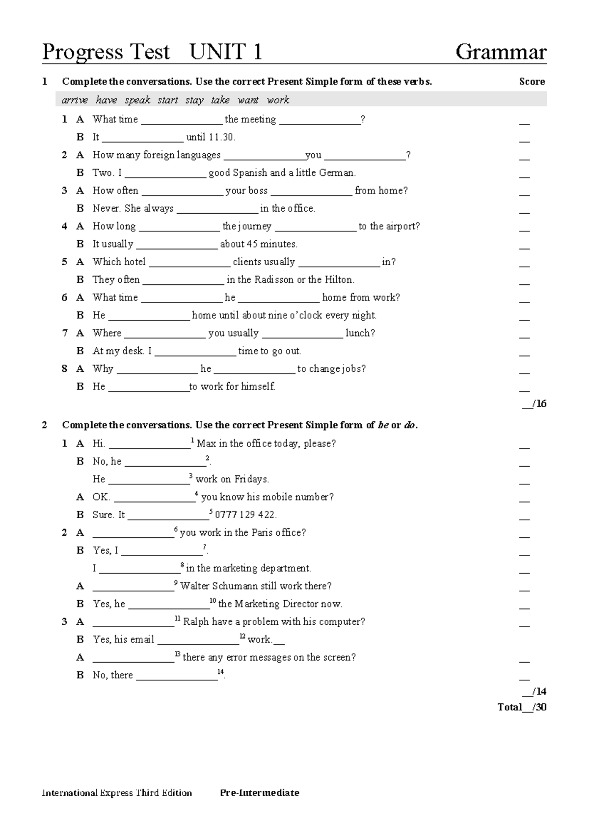 Iex 3e pre-intermediate tests u1 - Progress Test UNIT 1 Grammar 1 ...