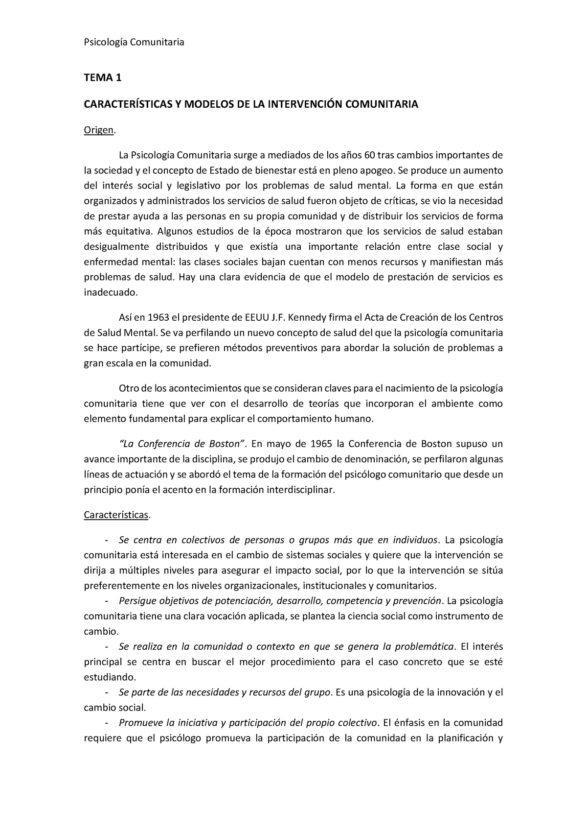 01 Caracteristicas Y Modelos De La Intervencion Comunitaria Psicología Comunitaria Tema 1 6932