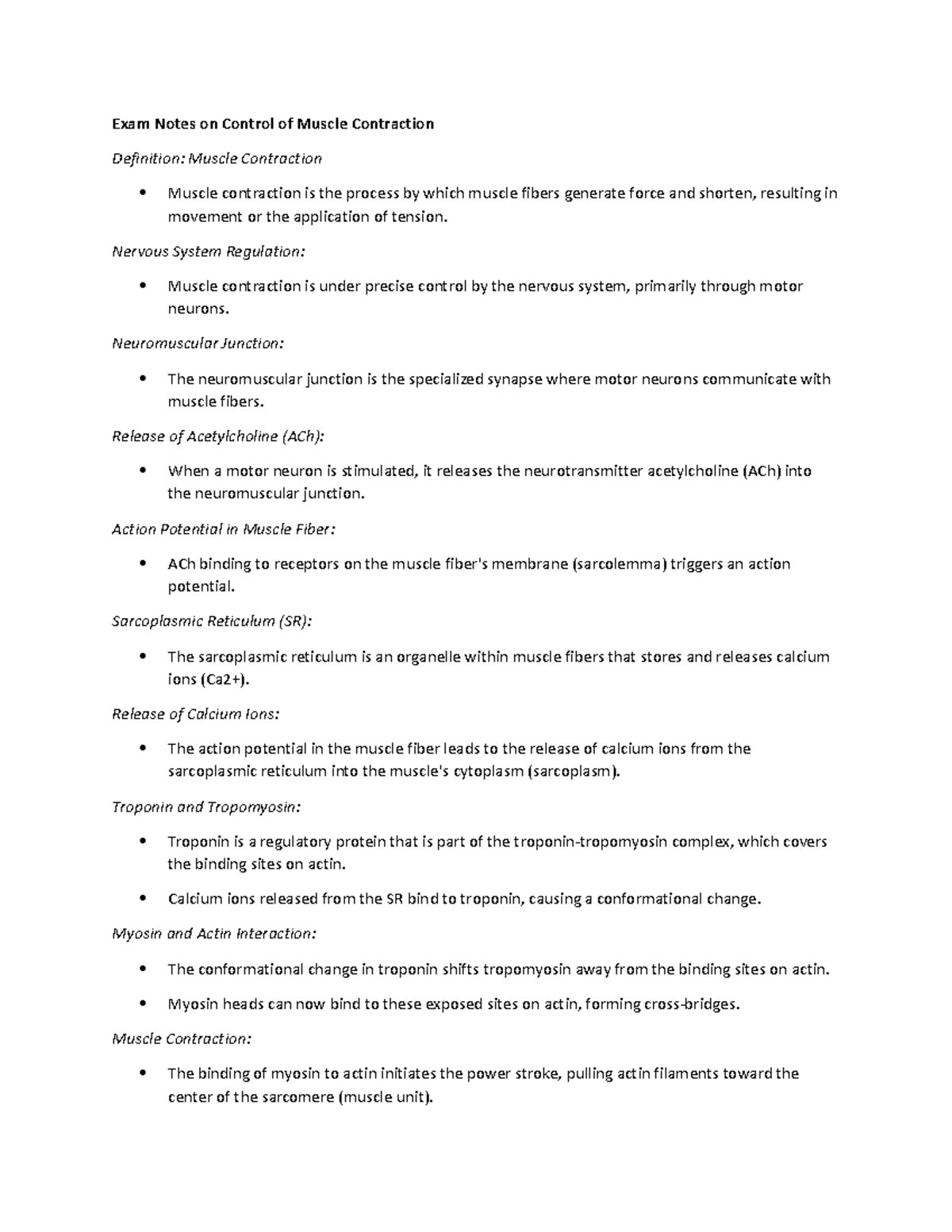 Exam Notes on Control of Muscle Contraction - Exam Notes on Control of ...