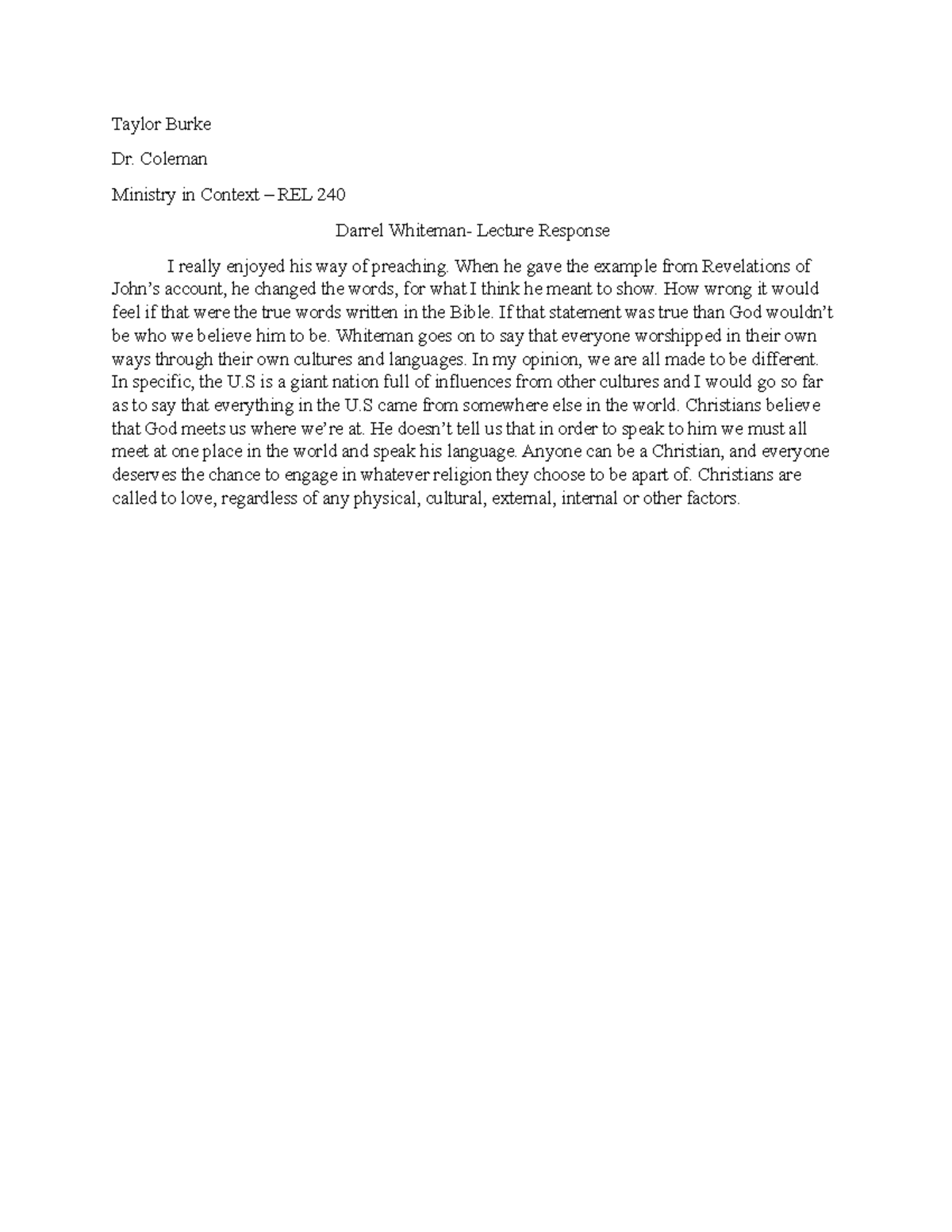 REL Lecture Response - Copy - Taylor Burke Dr. Coleman Ministry in ...