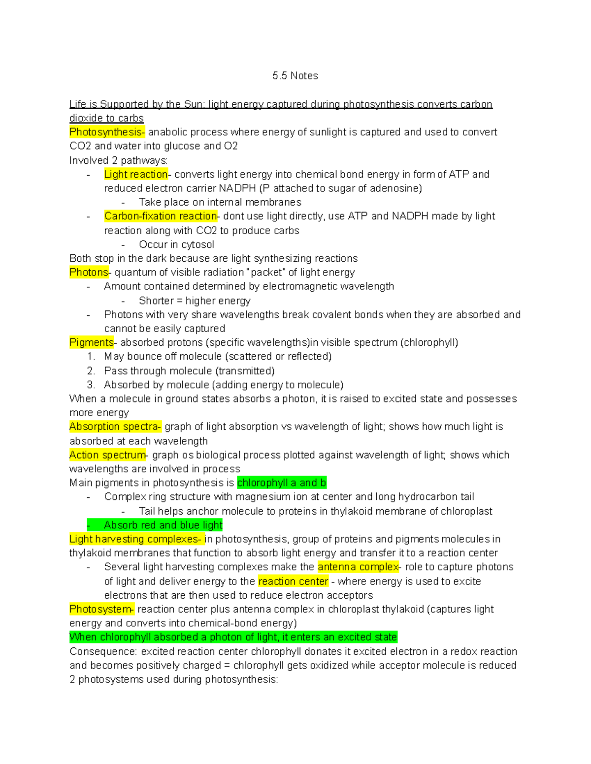 5.5 Notes from Textbook - 5 Notes Life is Supported by the Sun: light ...