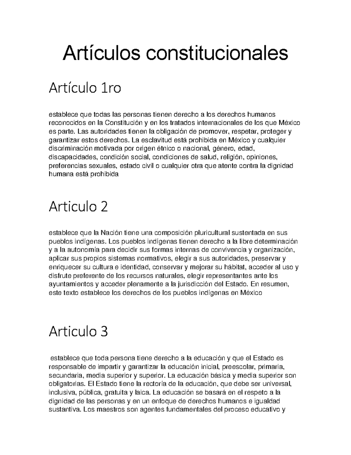 Articulos Constitucionales Artículos Constitucionales Artículo 1ro