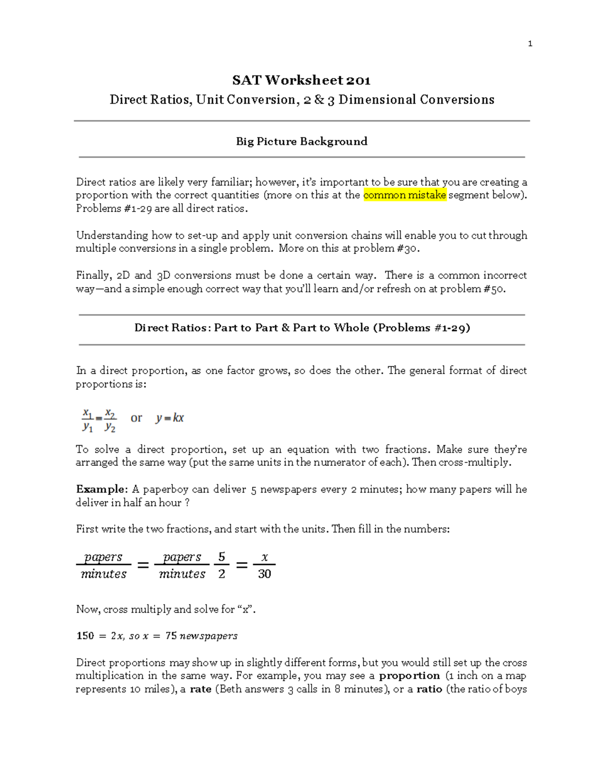 201 Digital Sat Ratios Sat Maths Worksheet Sat Worksheet 201 Direct Ratios Unit Conversion