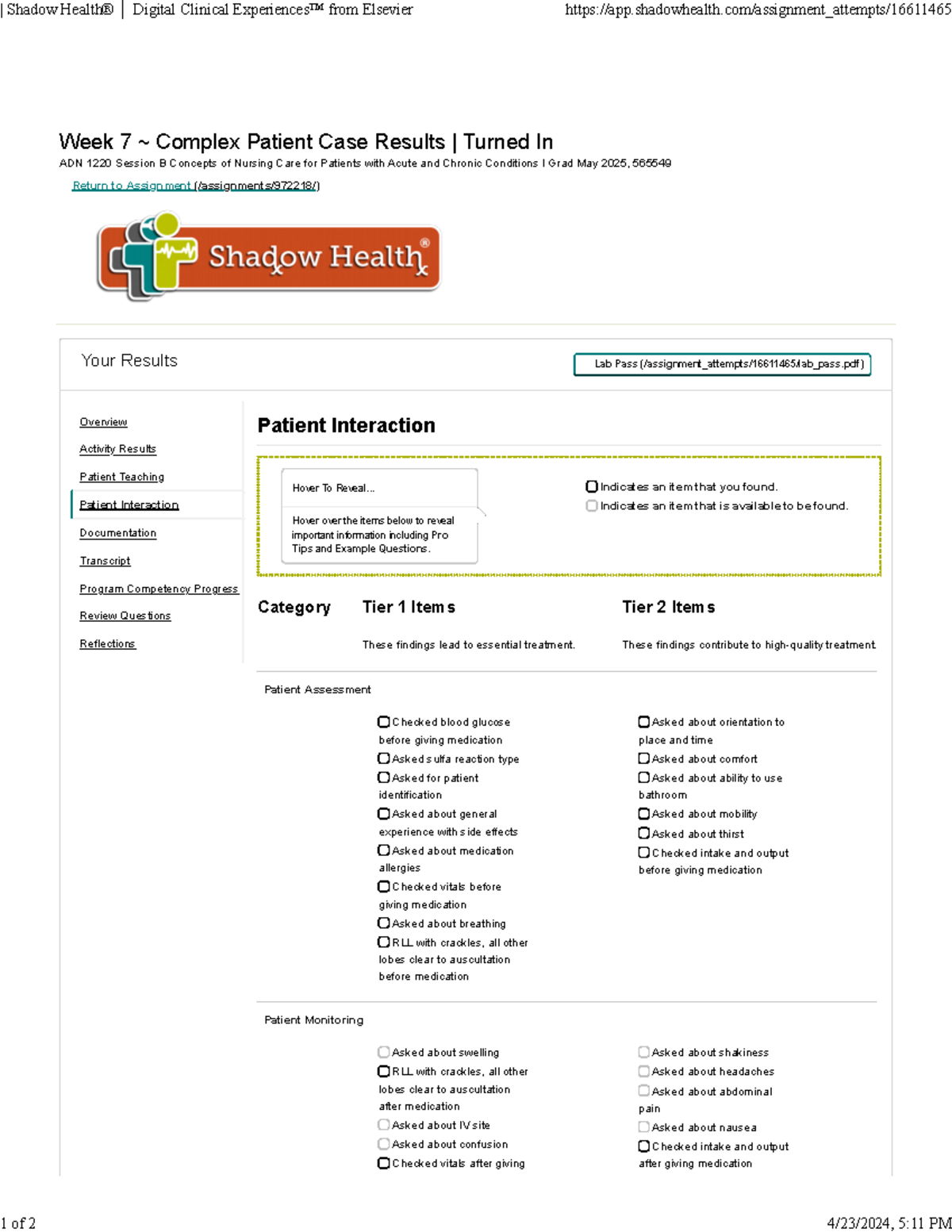 Shadow Health Complex Patient Case Doris Turner Patient Interaction