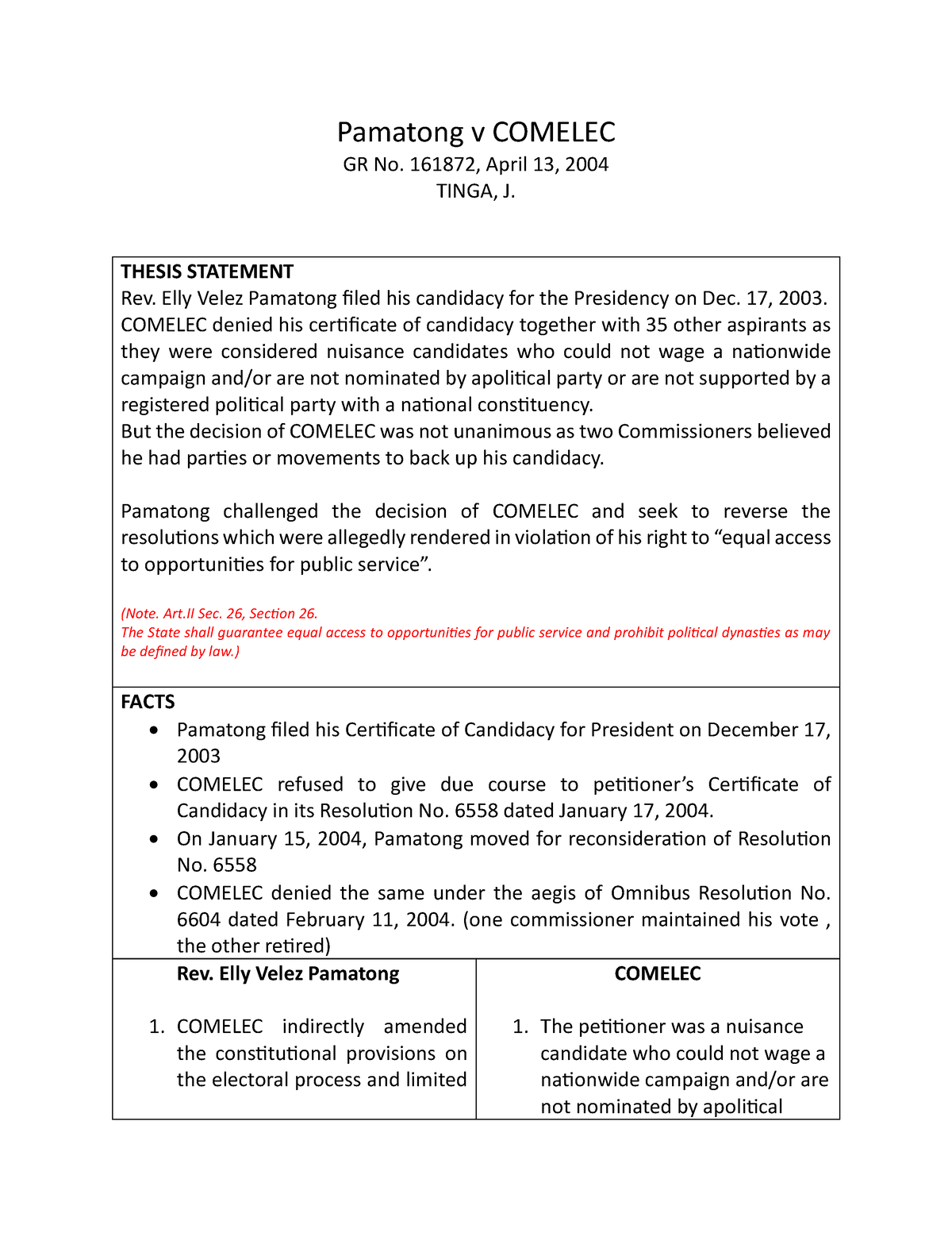 Case Digest - Pamatong V Comelec, GR No. 161872, April 13, 2004 ...