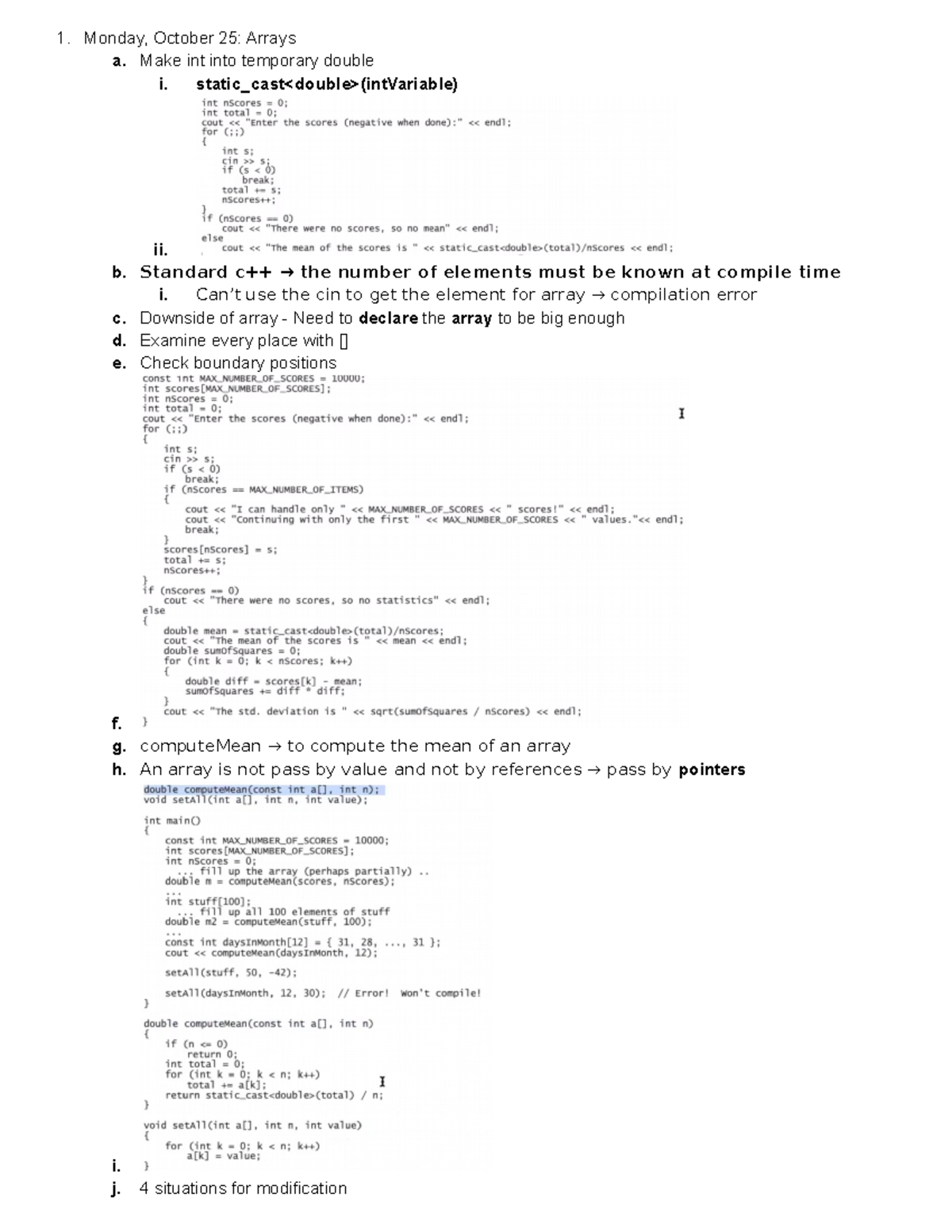 CS 31 Week5 Notes - Monday, October 25: Arrays a. Make int into ...