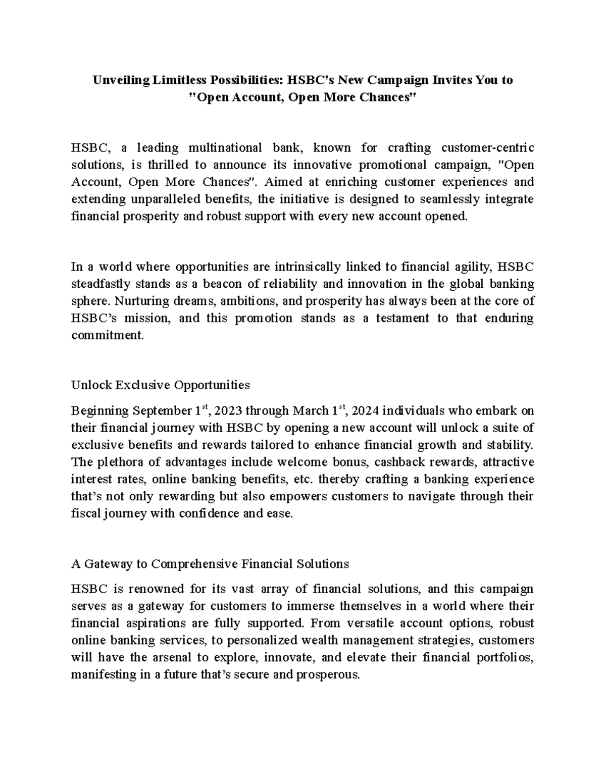 Press Release HSBC BANK - Unveiling Limitless Possibilities: HSBC's New 