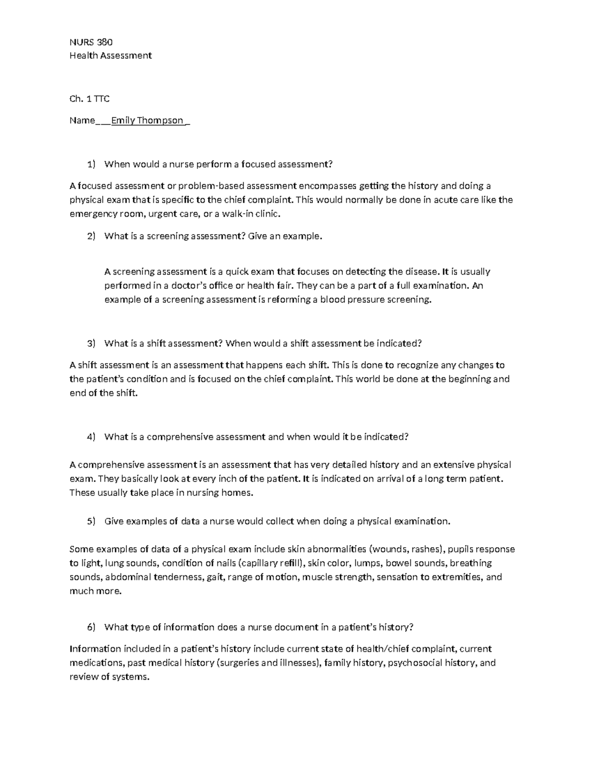 Ch 1,2,3 TTC assessment Emily Thompson - Health Assessment Ch. 1 TTC ...