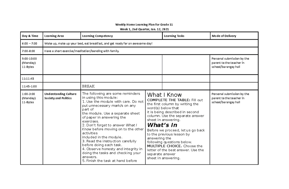 WHLPucsp-Jan - Lecture - Weekly Home Learning Plan For Grade 11 Week 1 ...