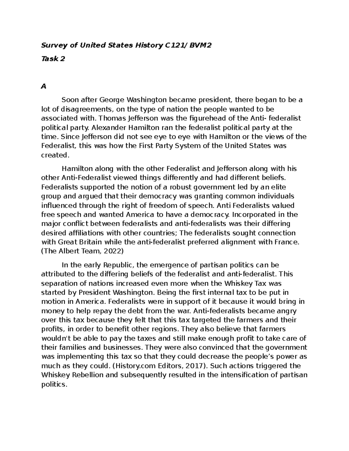World History Task 2 - task 2 - Survey of United States History C121 ...