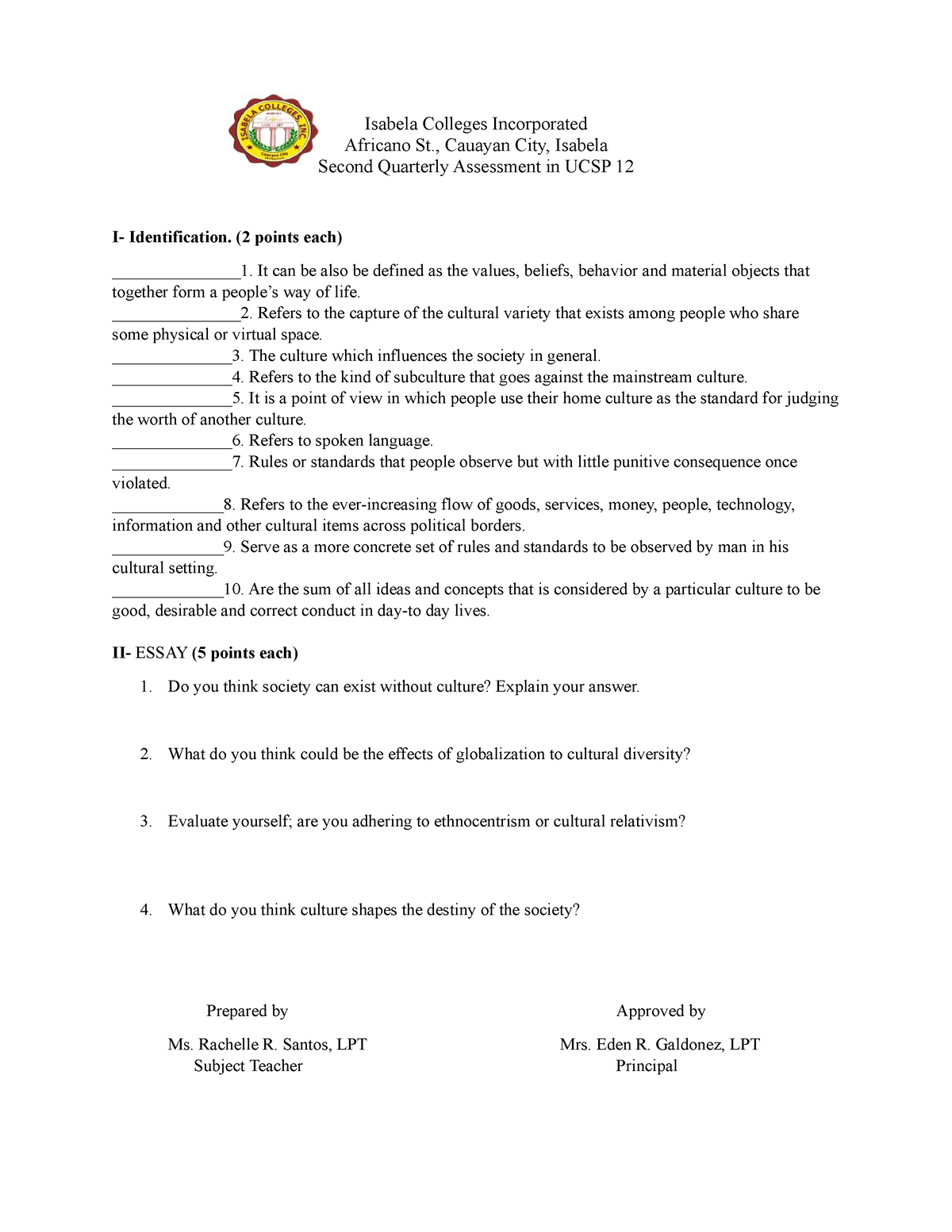 EXAM 2nd UCSP - USCP EXAM - Isabela Colleges Incorporated Africano St ...