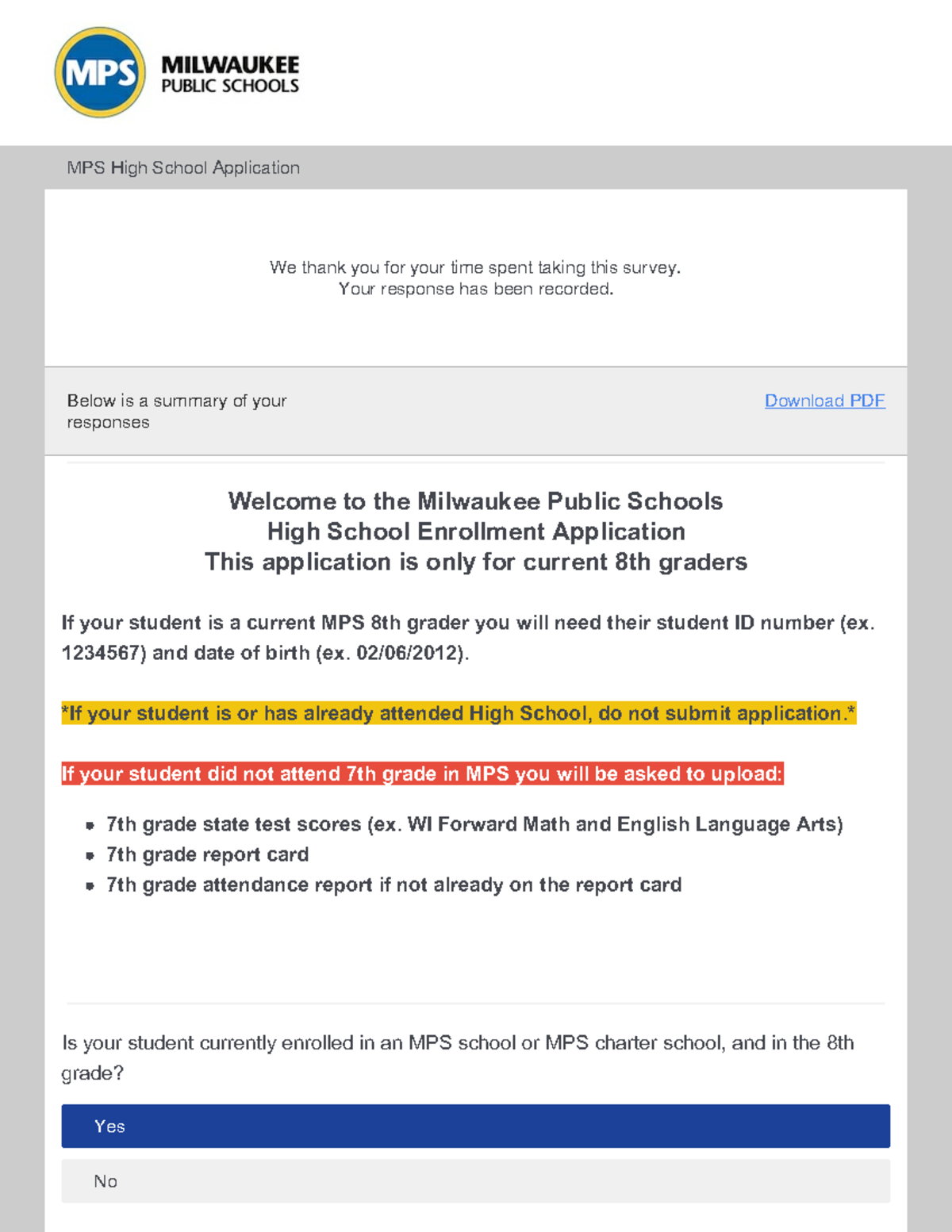 Response Summary - it wa ok - MPS High School Application Below is a ...