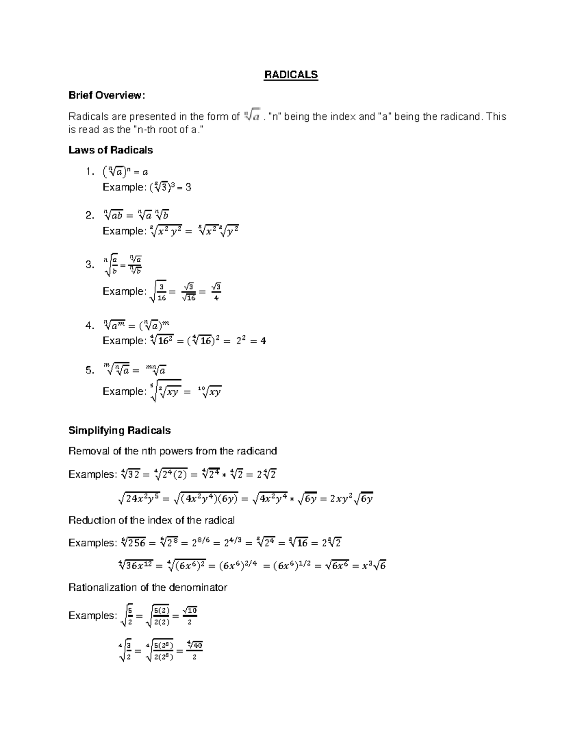 2.2 Radicals - Algebra and Trigonometry ECON 3163 - RADICALS Brief ...