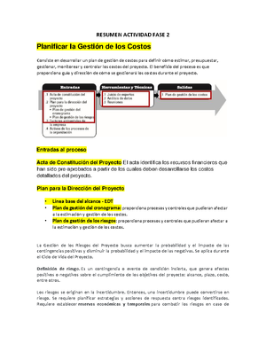 Fase 2 La planificación de la gestión de los costos del proyecto ...