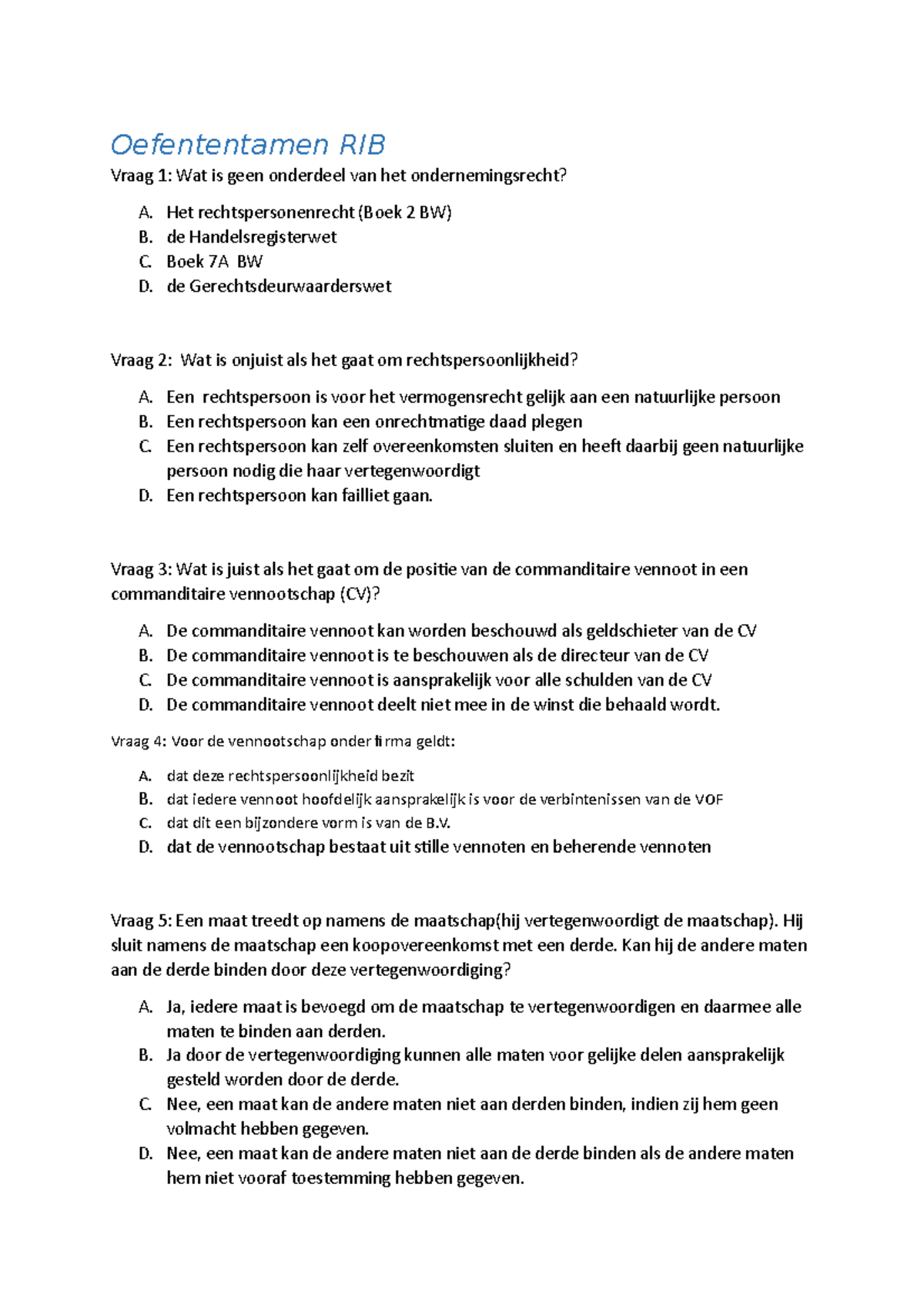 Oefententamen Recht In Bedrijf 2021- Ondernemingsrecht/fiscaalrecht ...