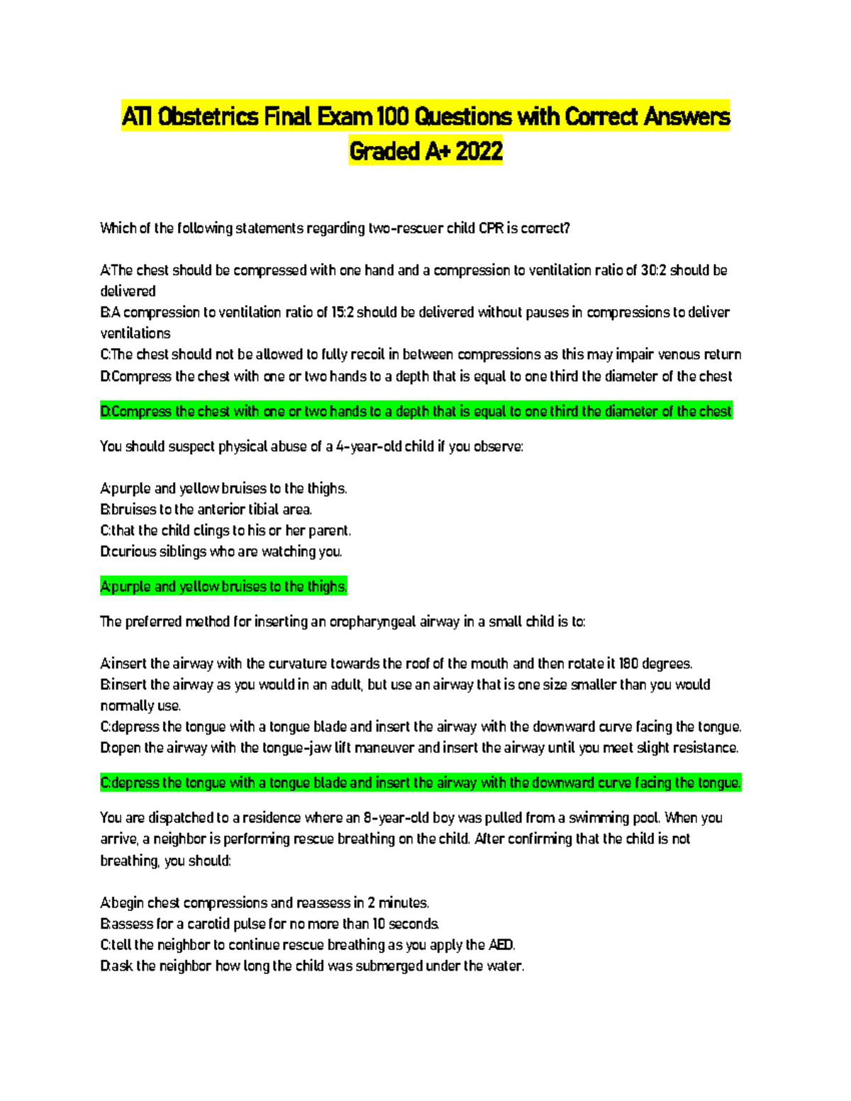 ATI Obstetrics Final Exam 100 Questions with Correct Answers Graded A ...