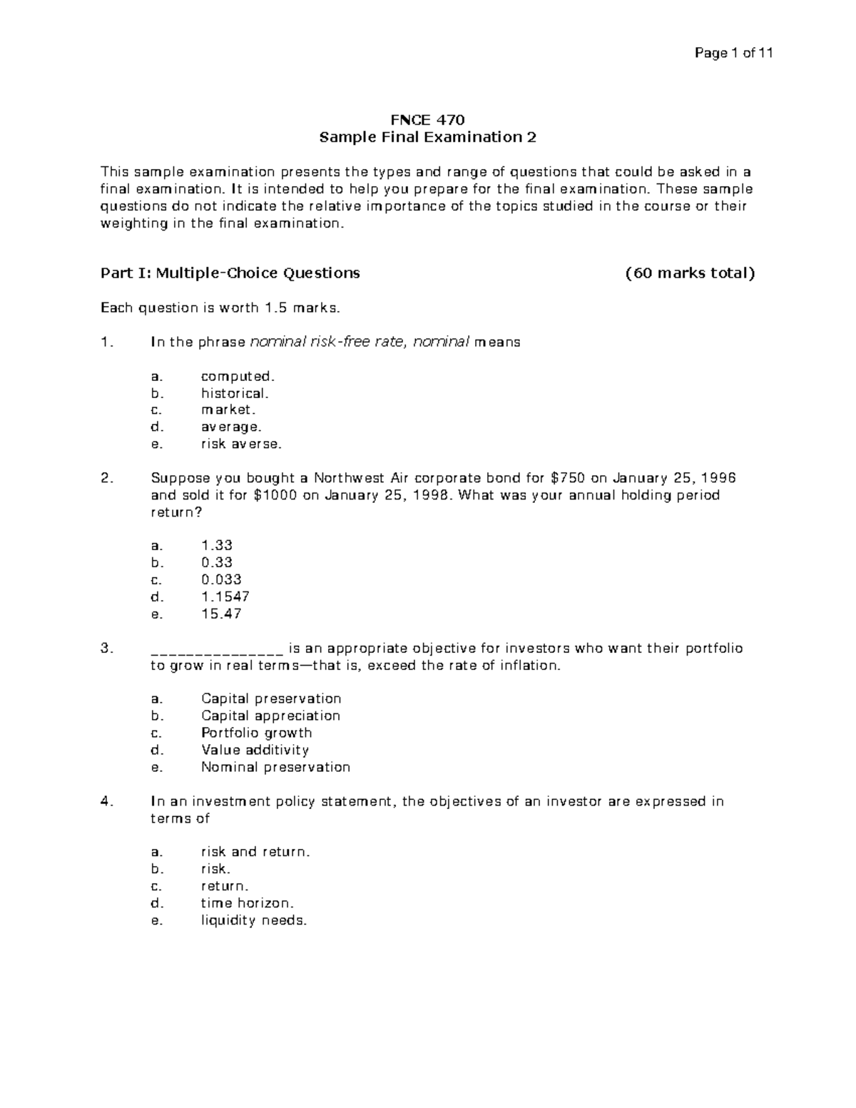 Sample Exam 2 - Exam Prep - FNCE 470 Sample Final Examination 2 This ...