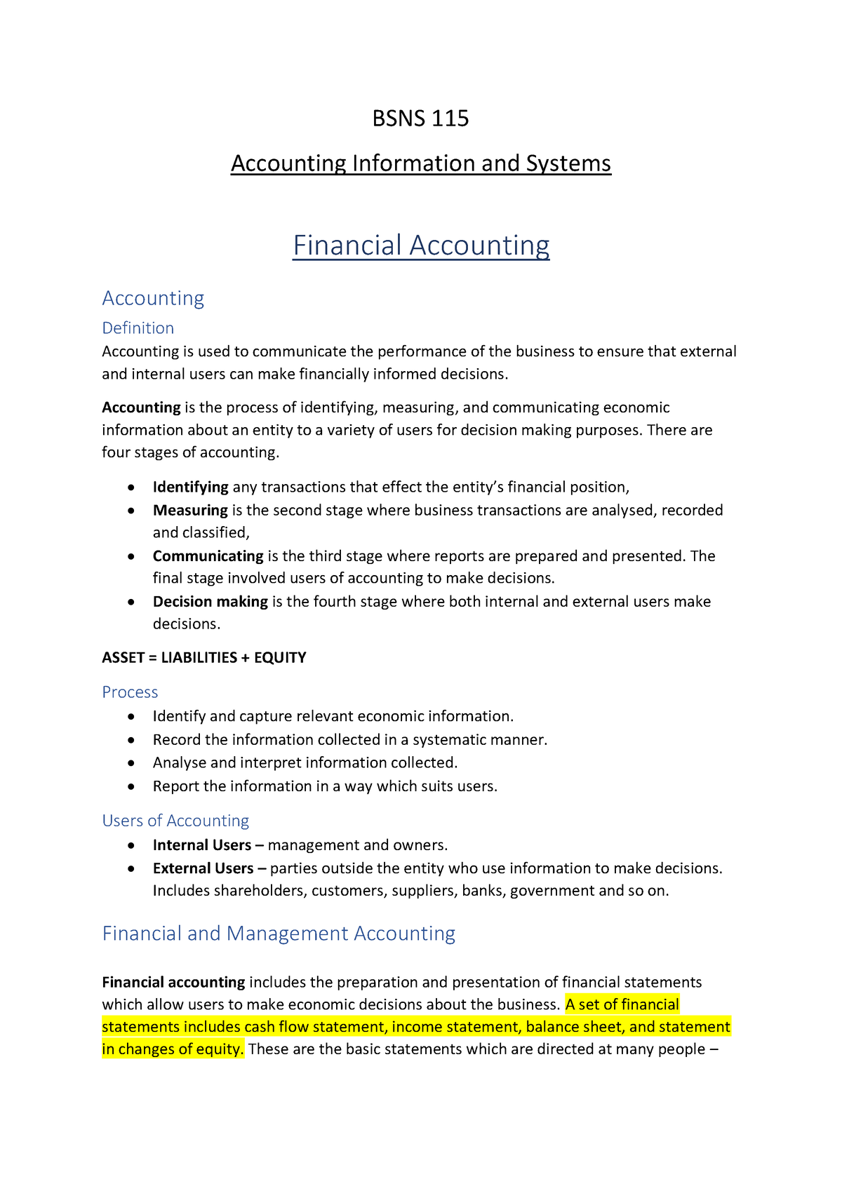 BSNS 115 Notes - BSNS 115 Accounting Information and Systems Financial ...