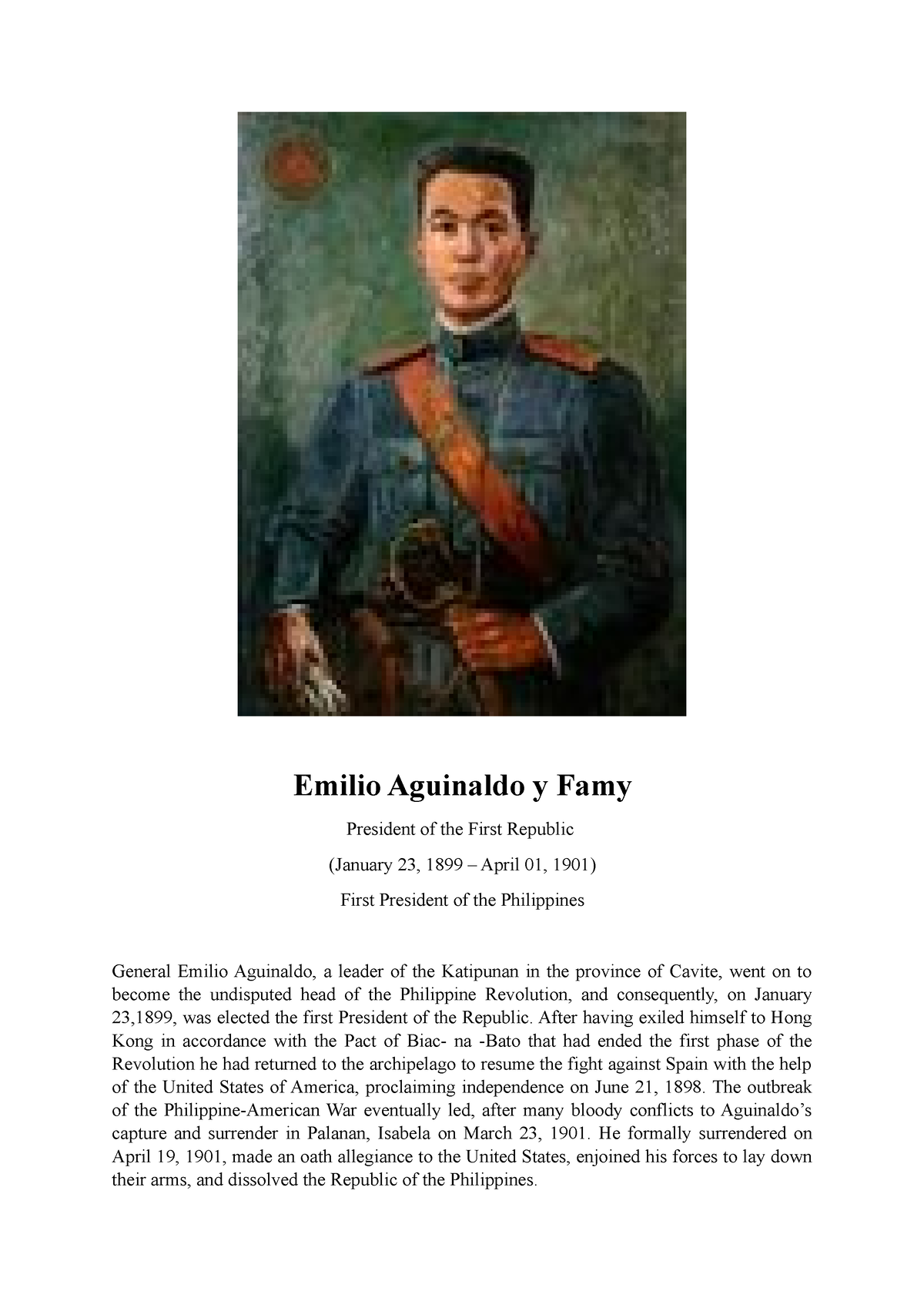 Presidents of the Philippines - Emilio Aguinaldo y Famy President of ...