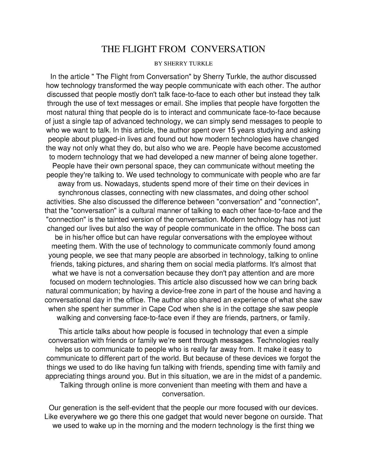 explanatory essay about the flight from conversation