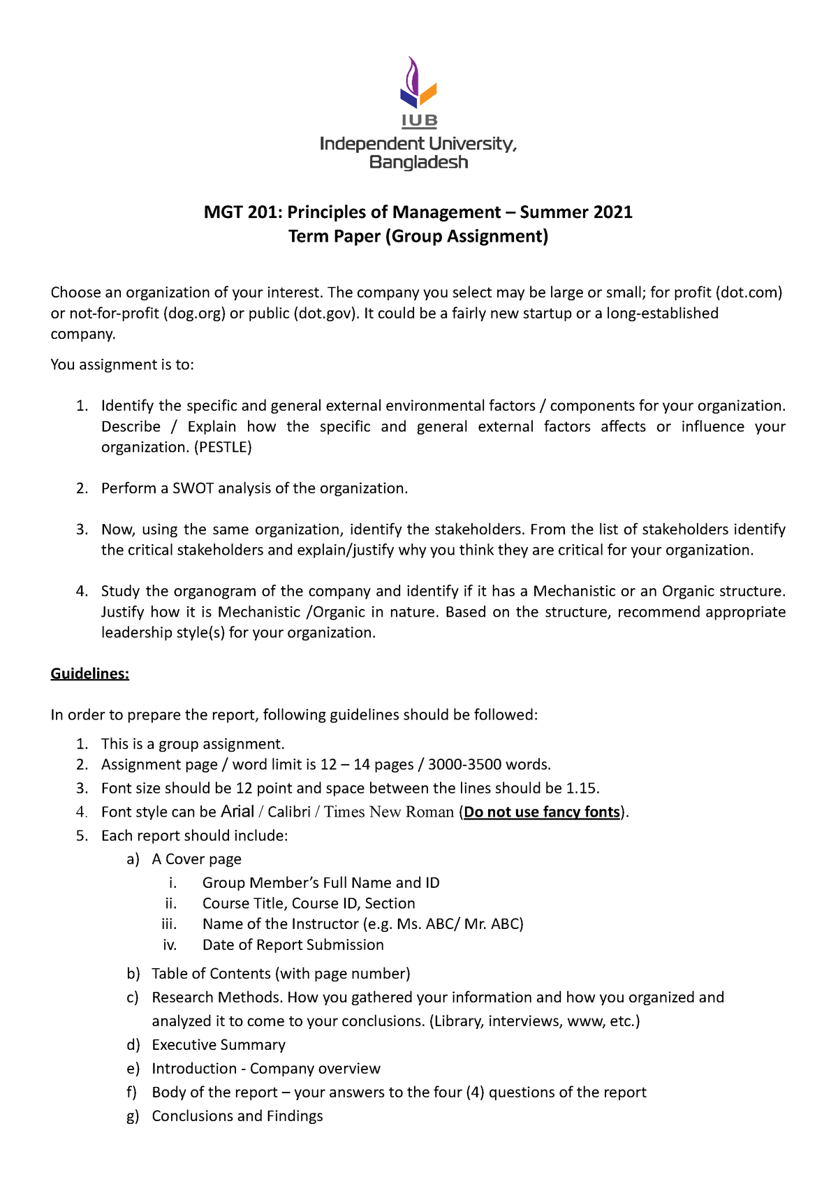 MGT201-Term Paper- Summer 2021 - MGT 201: Principles Of Management ...